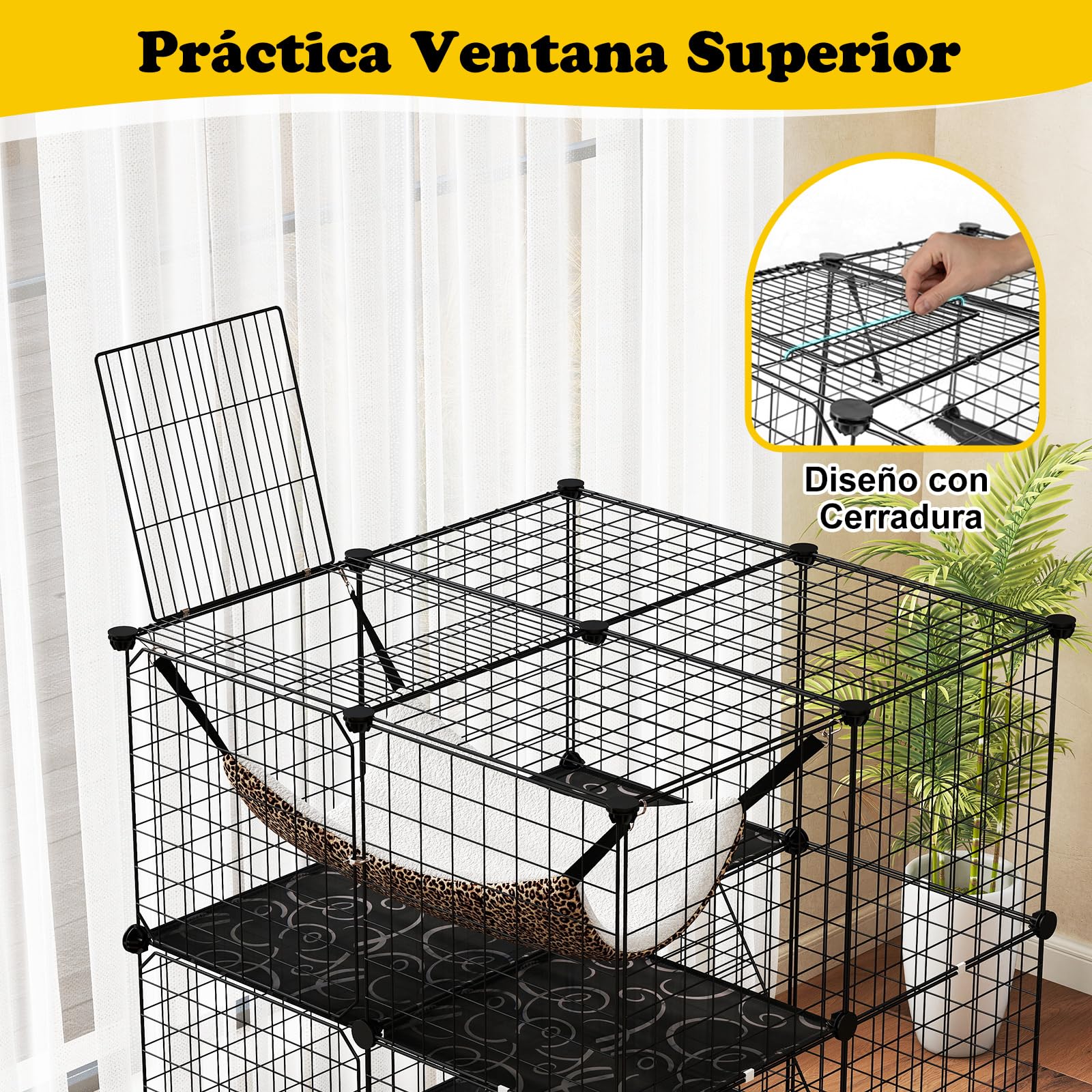 COSTWAY Jaula Grande de 3/4 Niveles para Gatos Con Hamaca, 3 Escaleras, 4 Puertas y Ventana en el Techo, Estructura Metálica de Interior (74 x 74 x 107 cm)
