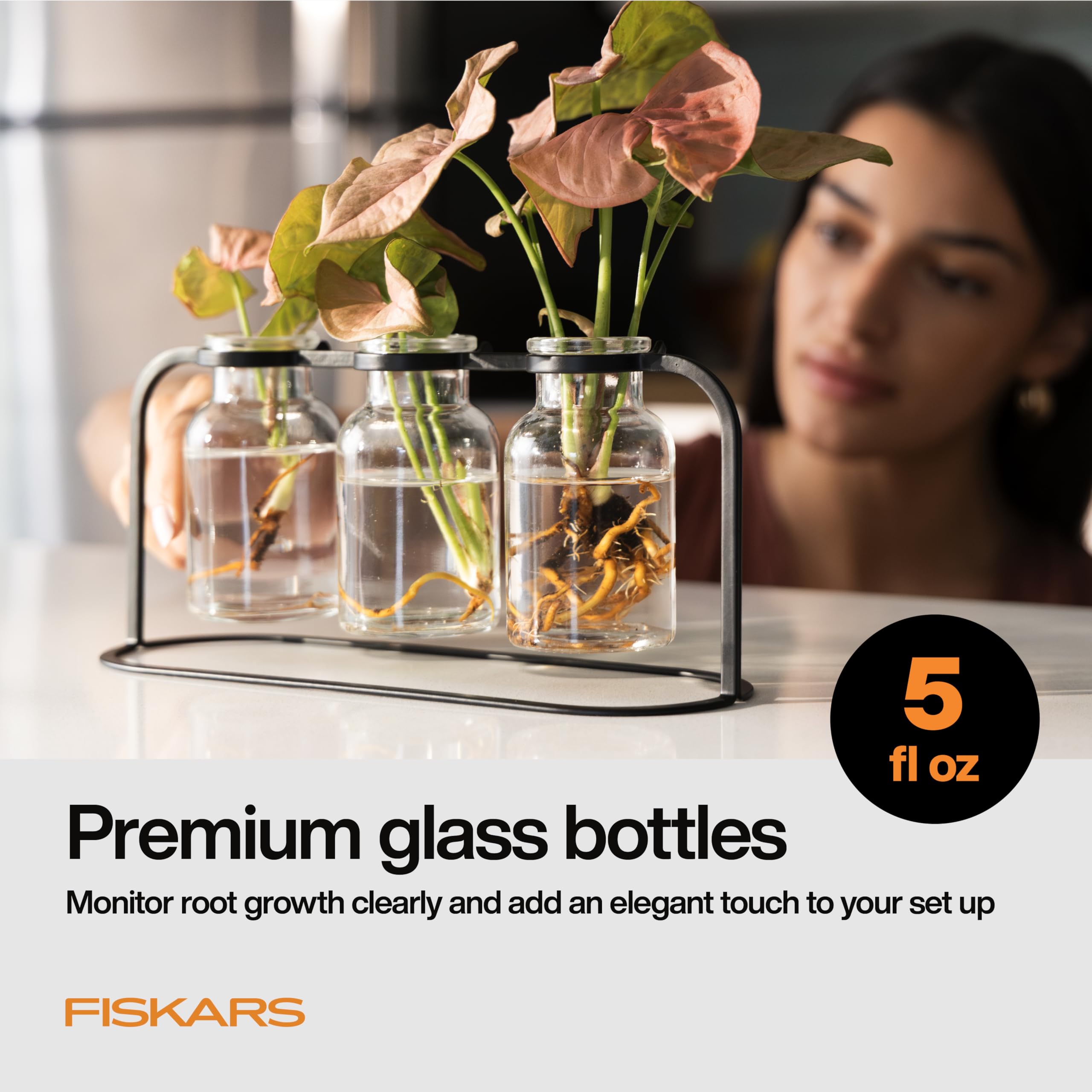 Fiskars Station de Propagation de Plantes - Support de Propagation en Verre Multi-cannelures avec Base en métal, idéal pour enraciner Plusieurs boutures de Plantes et décoration hydroponique