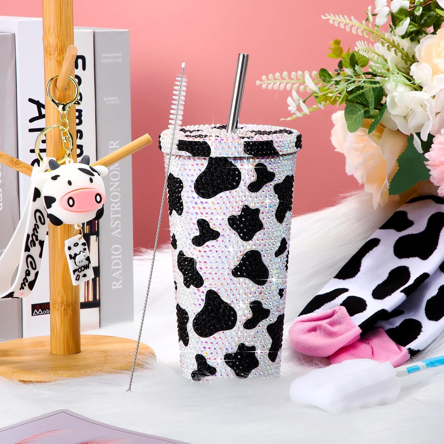 Domensi 3 Pack Cow Gifts for Women Including 17 oz Bling Rhinestone Cow Tumbler Socks and Keychain for Birthday Employee Teacher Appreciation Gifts