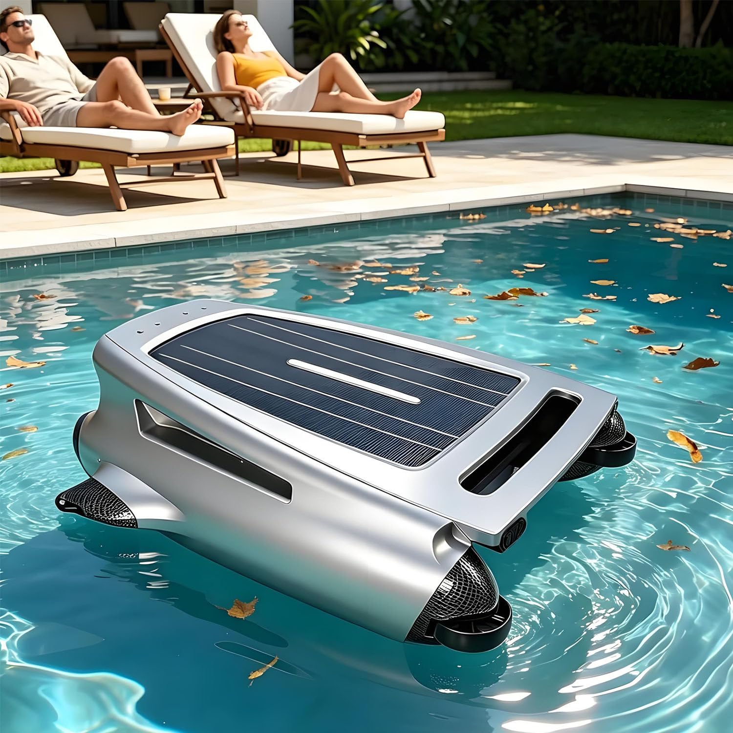 AiODiO Solar-Powered Pool Cleaning Robot,Cordless Solar Pool Skimmer，With App Control, 20h Runtime, 5200mah Battery, 450μm Filter, Maximum Cleaning Area 200㎡ for All Pool Surfaces
