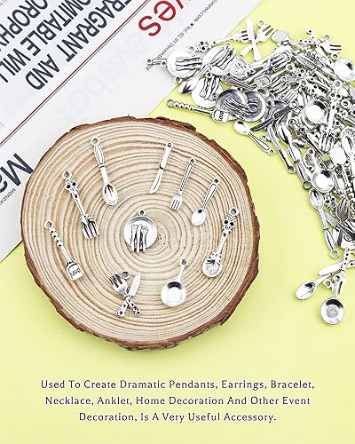 Miniatura 7 de JIALEEY 100 piezas de cuchillo tenedor, cuchara, sartén, vajilla, abalorios, collares, colgantes para bricolaje para fabricación de joyas y