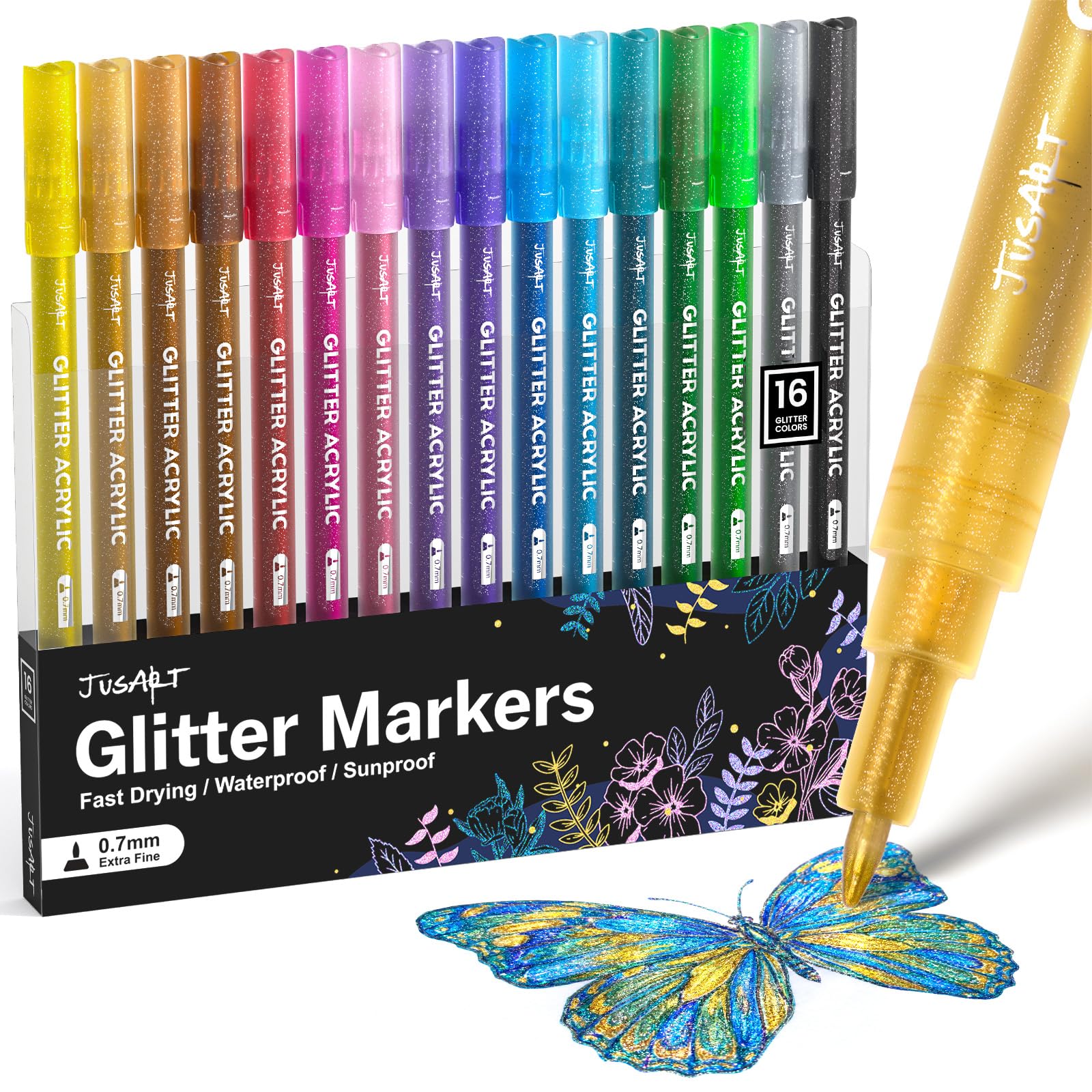 Rotuladores acrílicos con purpurina de 16 colores, bolígrafos de pintura con purpurina, punta fina de 0.7 mm, marcador metálico brillante, para niños y adultos, manualidades, tarjetas de felicitación