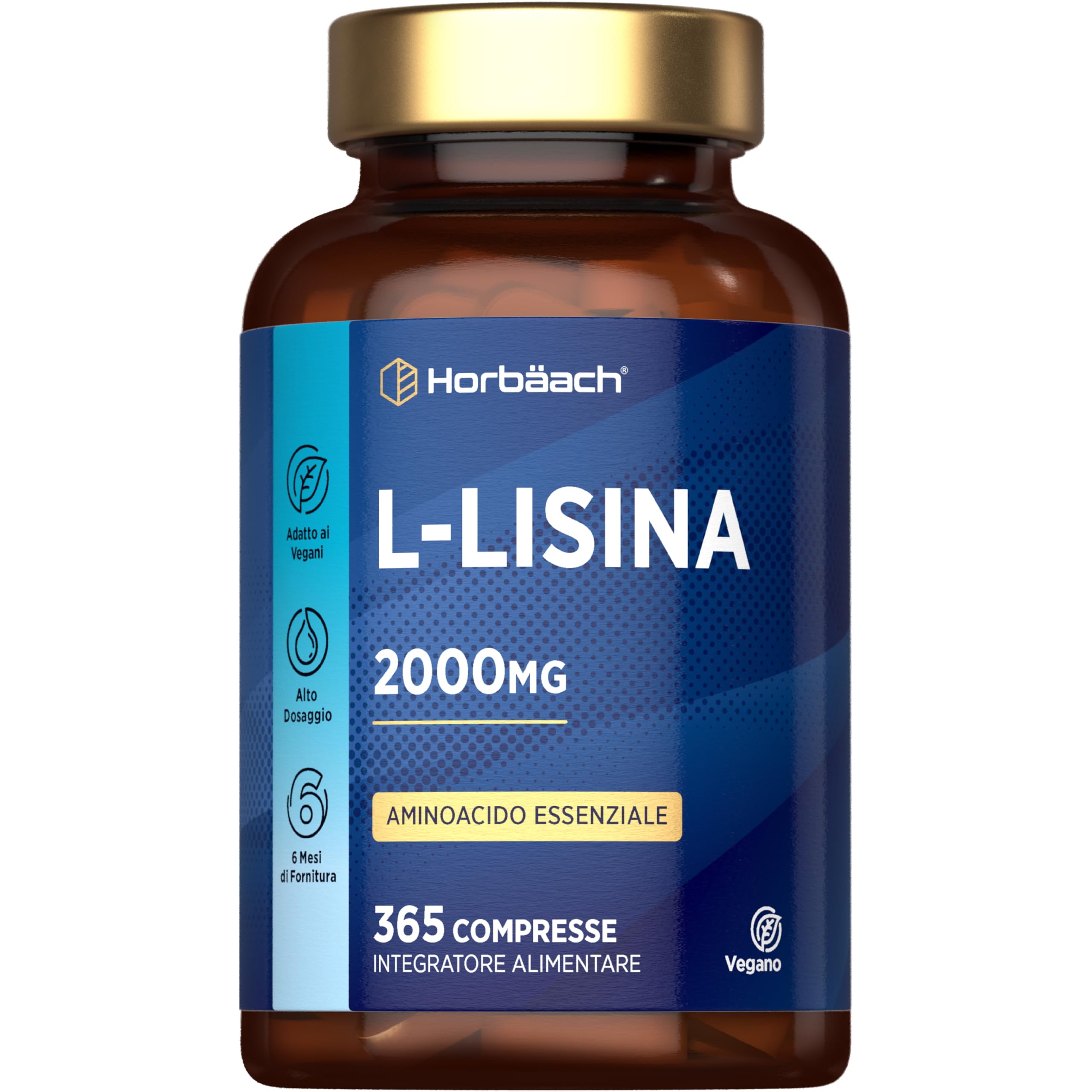 L Lisina 2000 mg | 365 Compresse Vegane per 6 Mesi | 2000 mg per Dose Giornaliera | Aminoacidi Essenziali ad Alto Dosaggio | Integratore con L-​Lisina HCL | L Lysine Supplement | Horbaach
