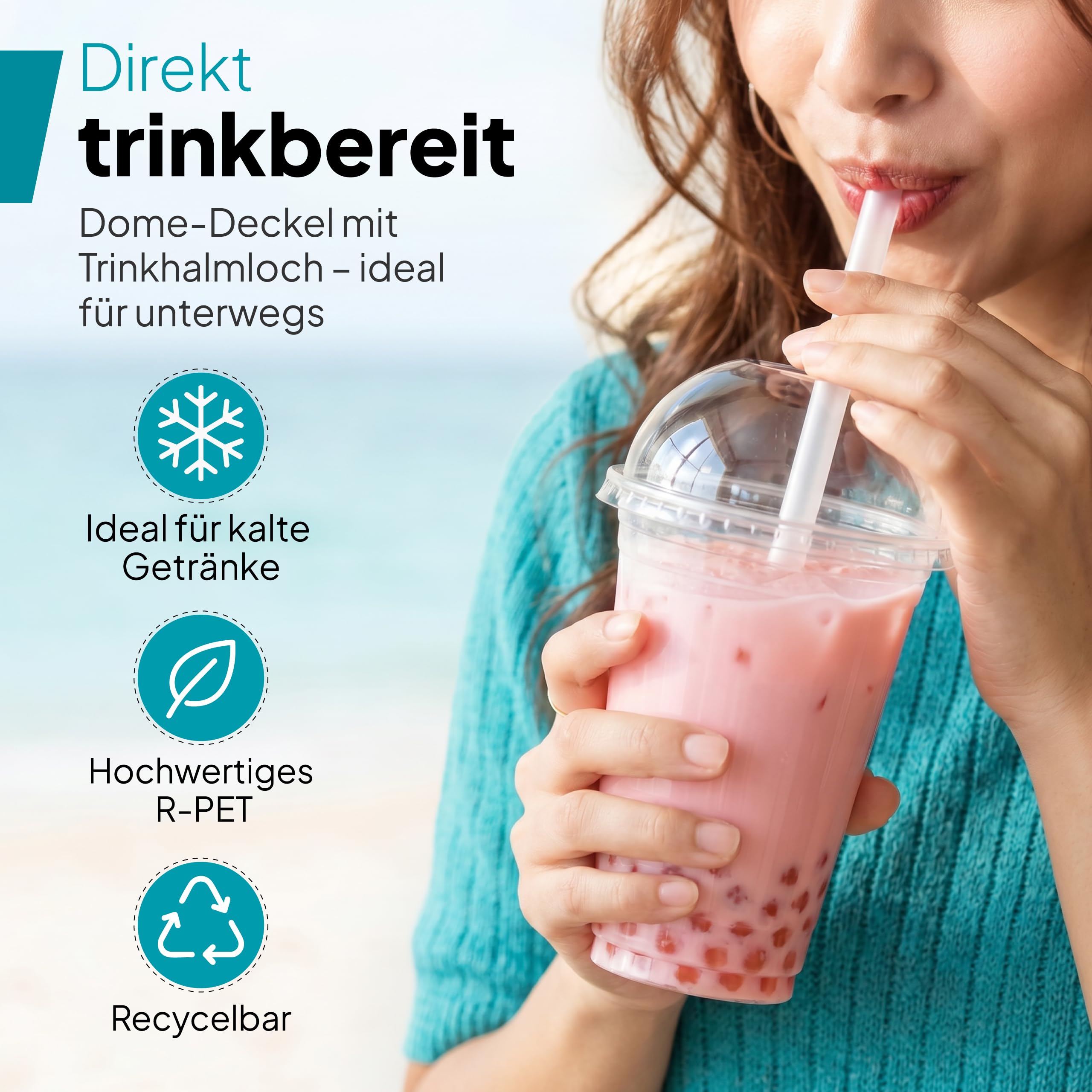 Commerline 100 sztuk kubków do smoothie 500 ml z pokrywką z otworem do smoothie, plastikowe kubki na wynos, kubki do picia + pokrywka z otworem, kubki deserowe, kubki do herbaty bąbelkowej, kubki z