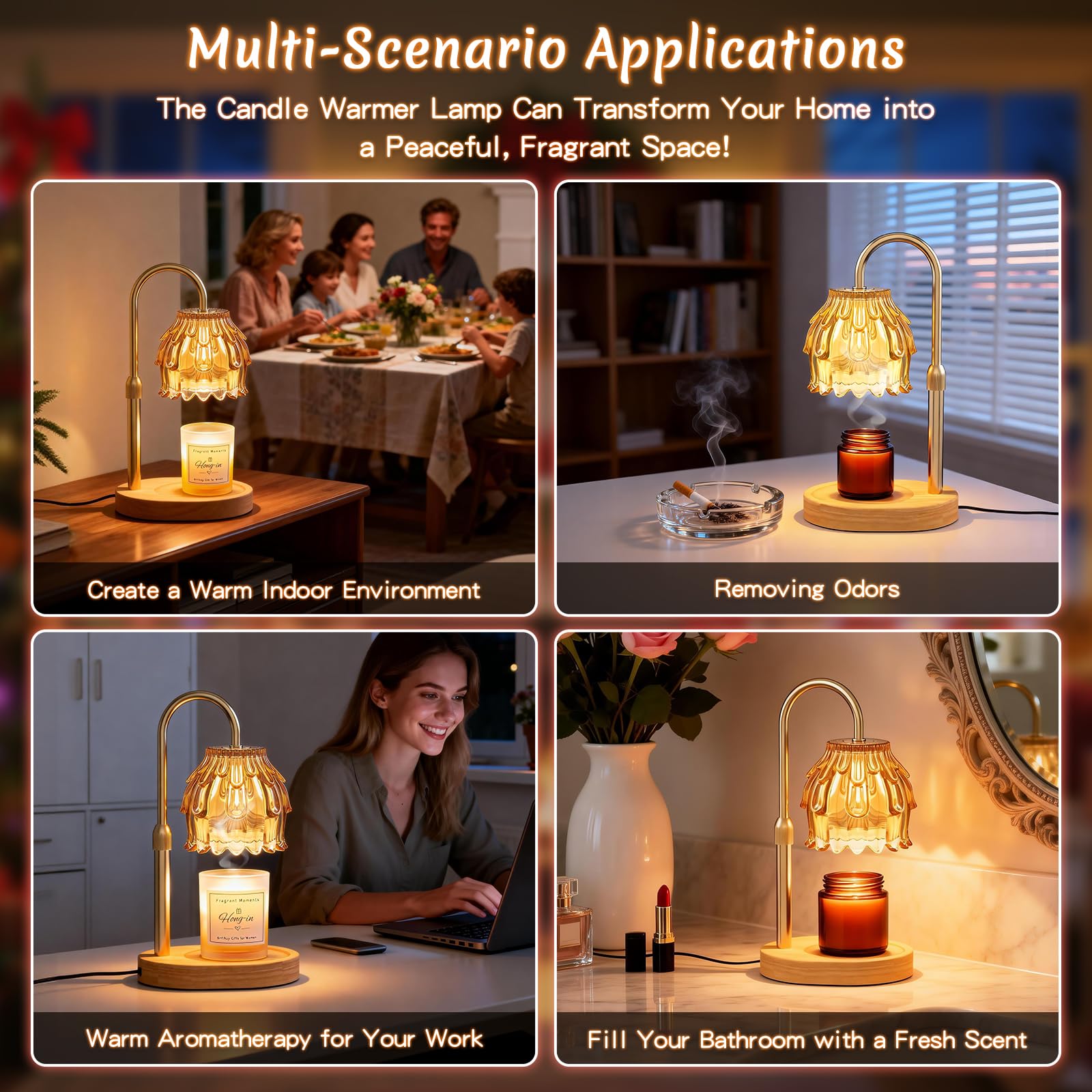 Lámpara Calentadora de Velas, Candle Warmer Lamp con Temporizador y Atenuador, Lámpara Calienta Velas Eléctrico con 2 Bombillas, Vela Lampara Perfumada Altura Ajustable para Hogar Decoración(Ambar)