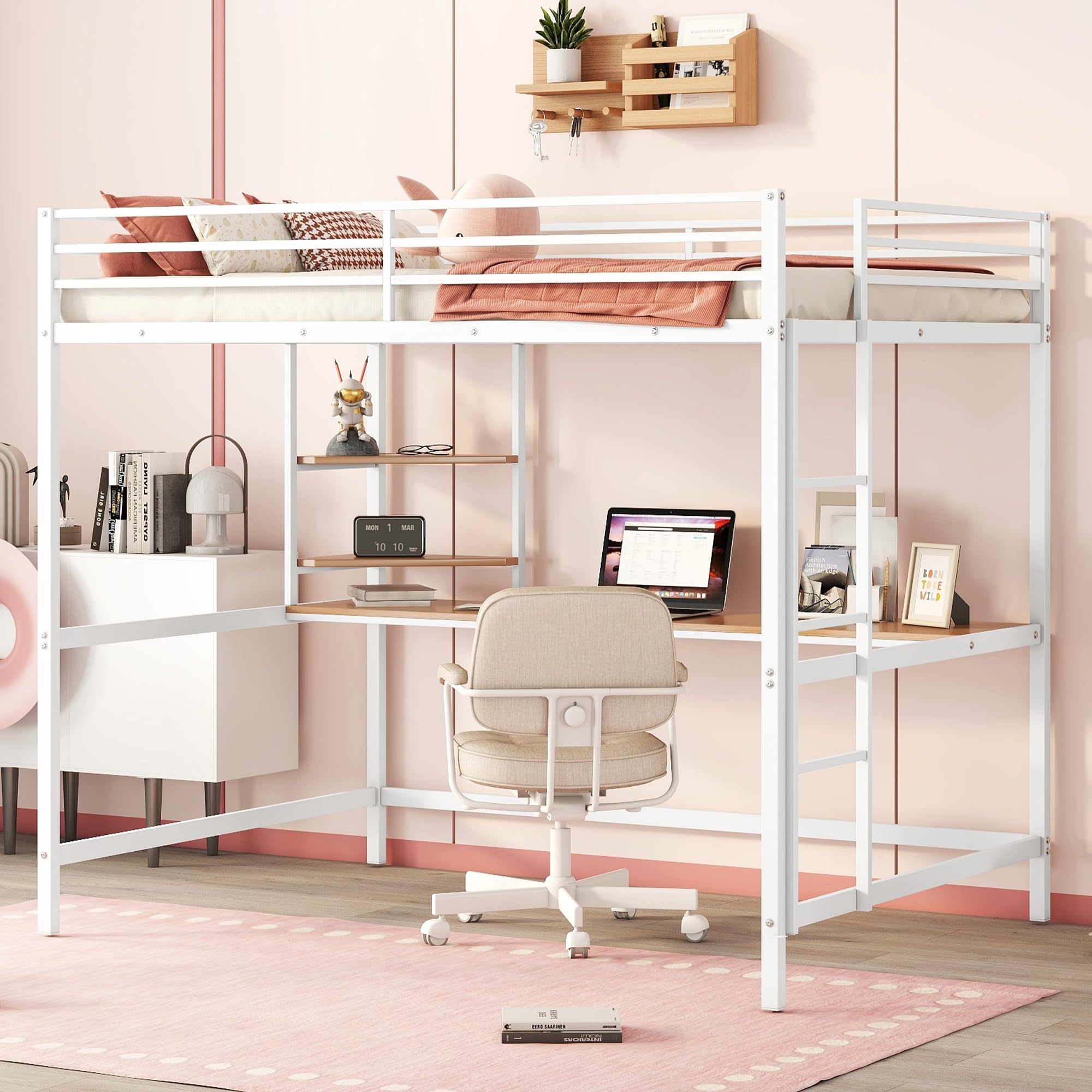 Harper & Bright Designs Full Size Loft Bed with Desk and Shelves, Metal Loft Bed Frame with Desk Underneath for Kids, Teens (Full/White)