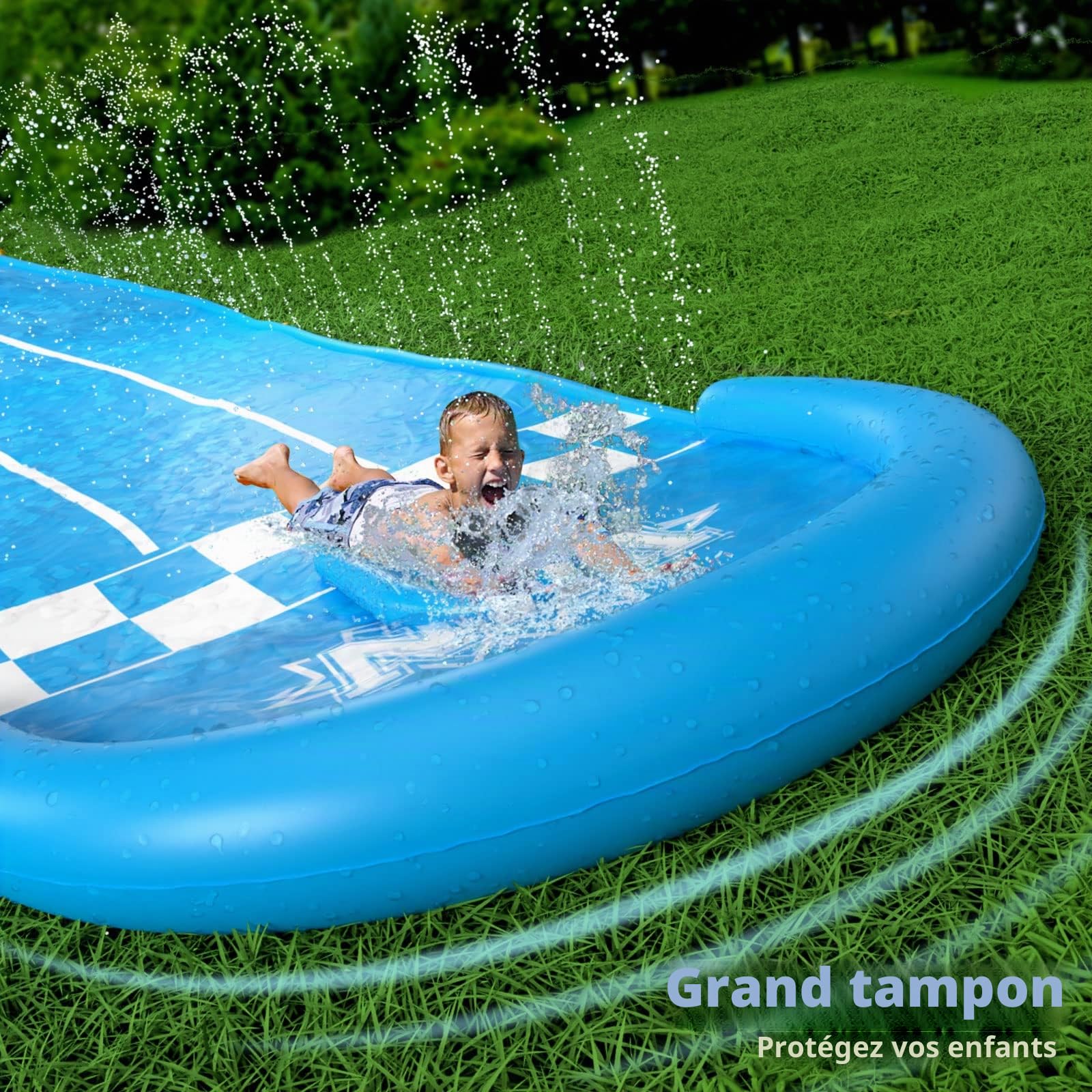 Jasonwell Toboggan aquatique pour pelouse – 6 m – Toboggan aquatique robuste pour enfants et adultes avec arroseur d'éclaboussures N 3 bodyboards arrière-cour été extérieur jouets aquatiques (course à
