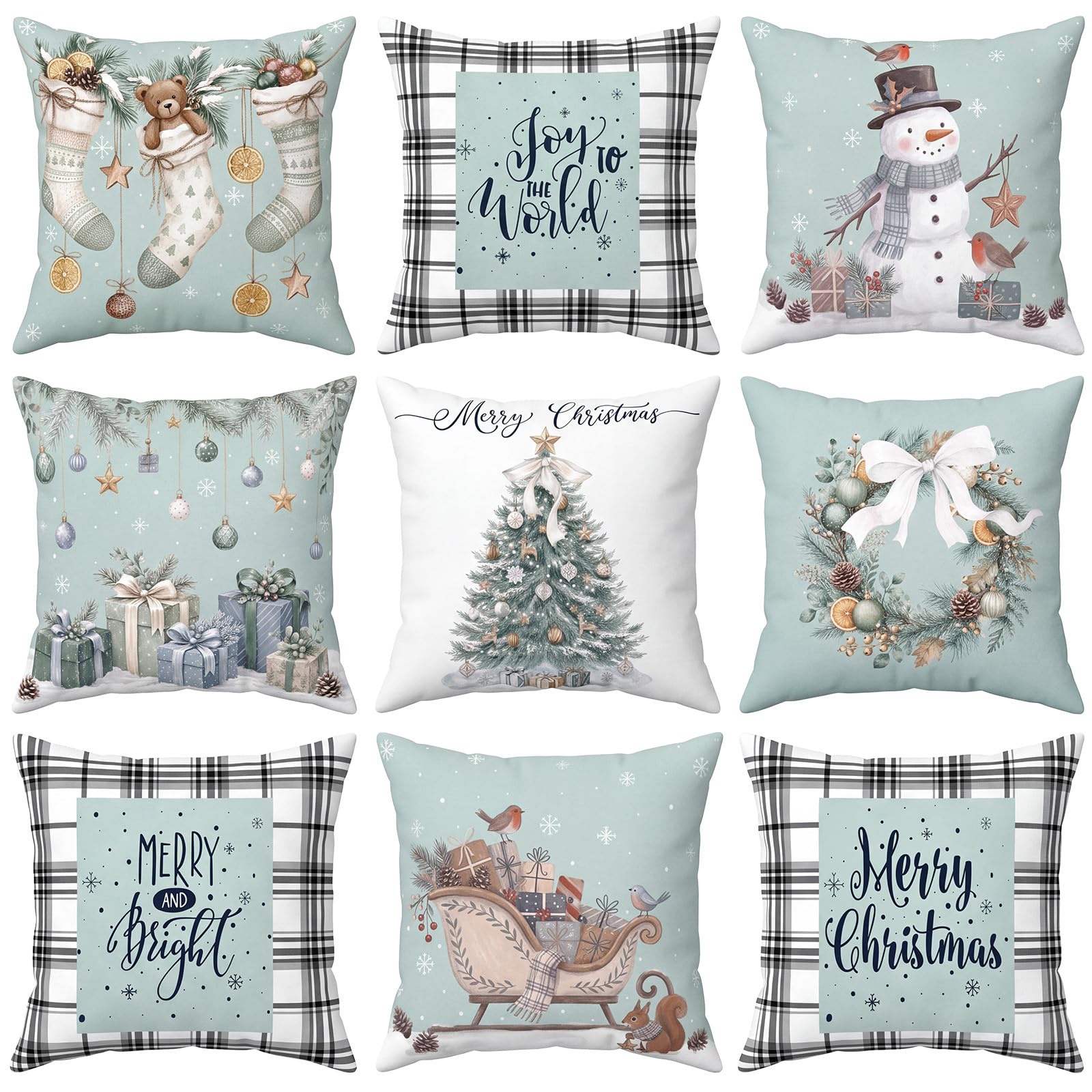 9 Pcs Teal Christmas Pillow Cover 18x18'' Christmas Cushion Cover