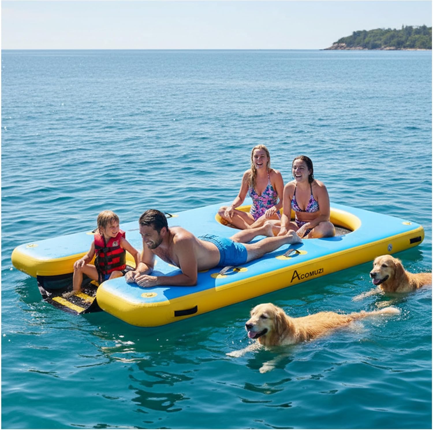 Inflatable Floating Dock for Lake, Heavy Duty Swim Platform with Water Ramp, 6" Thick Drop Stitch Portable Inflatable Island Platform for Boat Pool Beach, Includes Pump