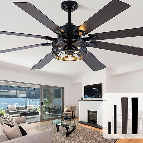 Miniatura 10 de Ventilador de techo de 52 pulgadas con luz y control remoto, ventilador de techo industrial silencioso y reversible, motor de corriente continua,