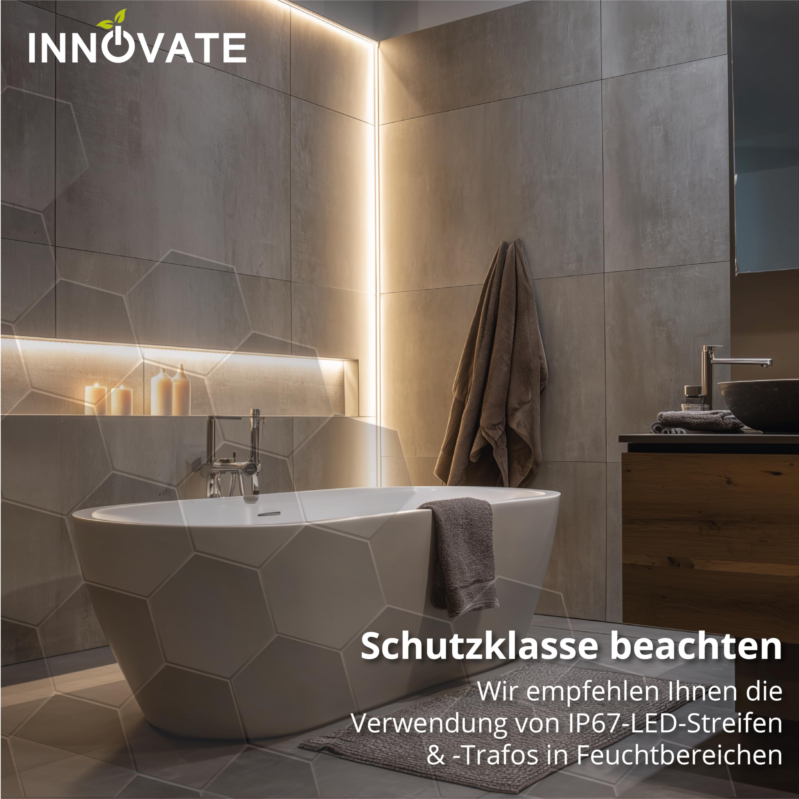 INNOVATE LED Fliesenprofil mit Diffusor [Inneneckprofil 2m Silber-Milchig] Fliesenschiene Dusche LED Streifen 2m I Kantenschutz Fliesen Küche I Indirekte Beleuchtung Badezimmer Duschnische