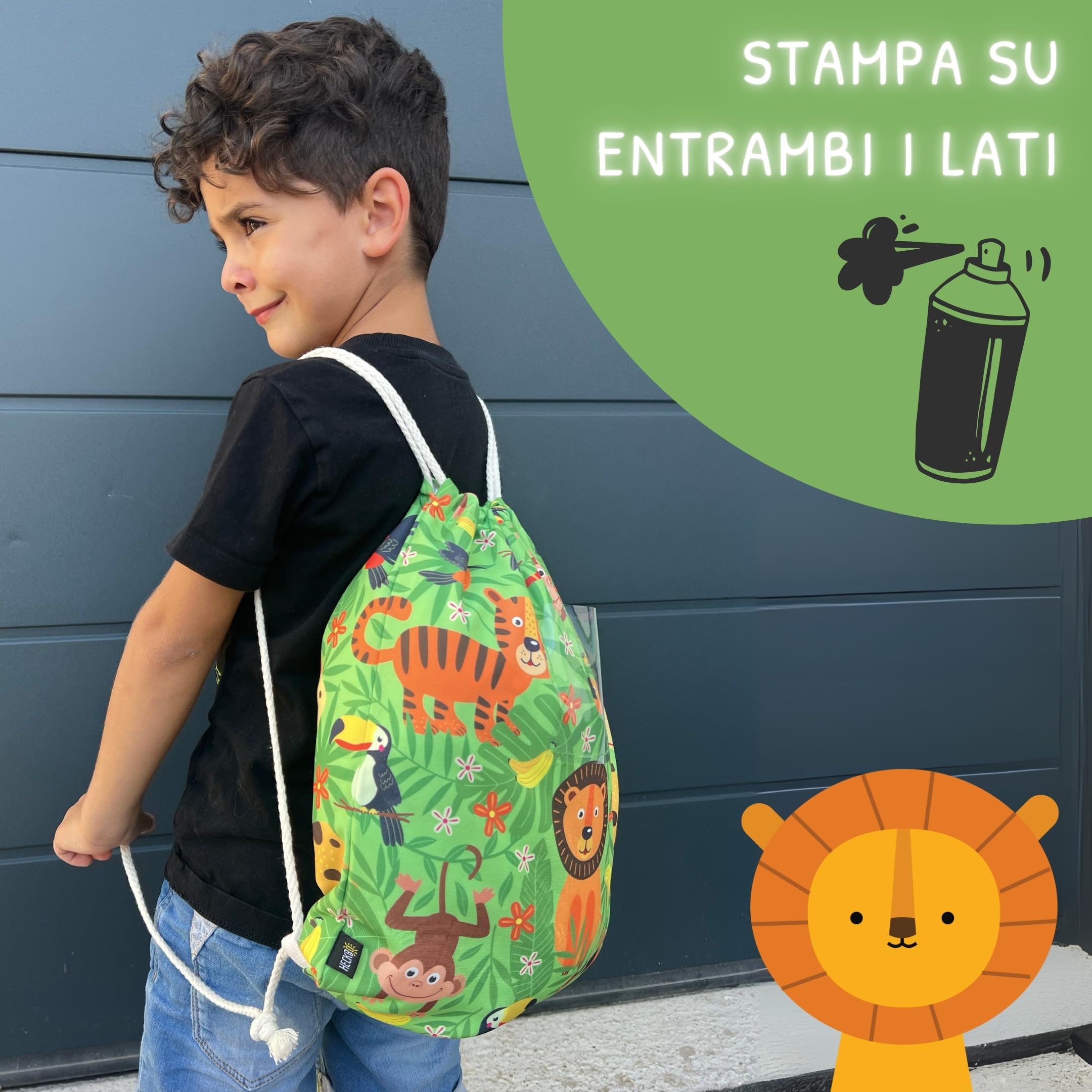 HECKBO Sacca per Bambini, Ragazzi e Ragazze con Taschino di Sicurezza per Foto - Giungla - Lavabile in Lavatrice - 40x32cm - Ideale per Asilo, Viaggi, Sport - Zaino, Borsa da Ginnastica