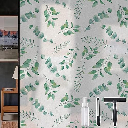 DKTIE Serie Leaves - Película de privacidad para ventana de baño con kit de instalación, película de vidrieras de estilo nórdico a la moda,