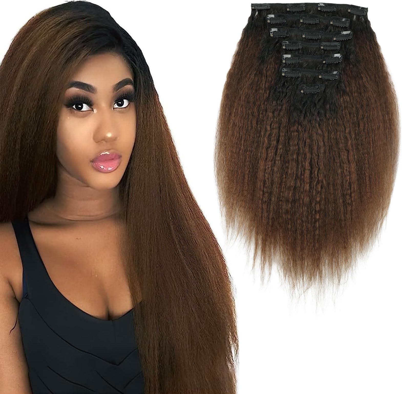 ABH AMAZINGBEAUTY HAIR Kinky Straight Clip In Extensions 16 Inch Brown TN4 | 7 Pcs 120g Double Weft, Ombre Natural Black to Chocolate Brown TN-4, Kinky Straight, Remy Human Hair