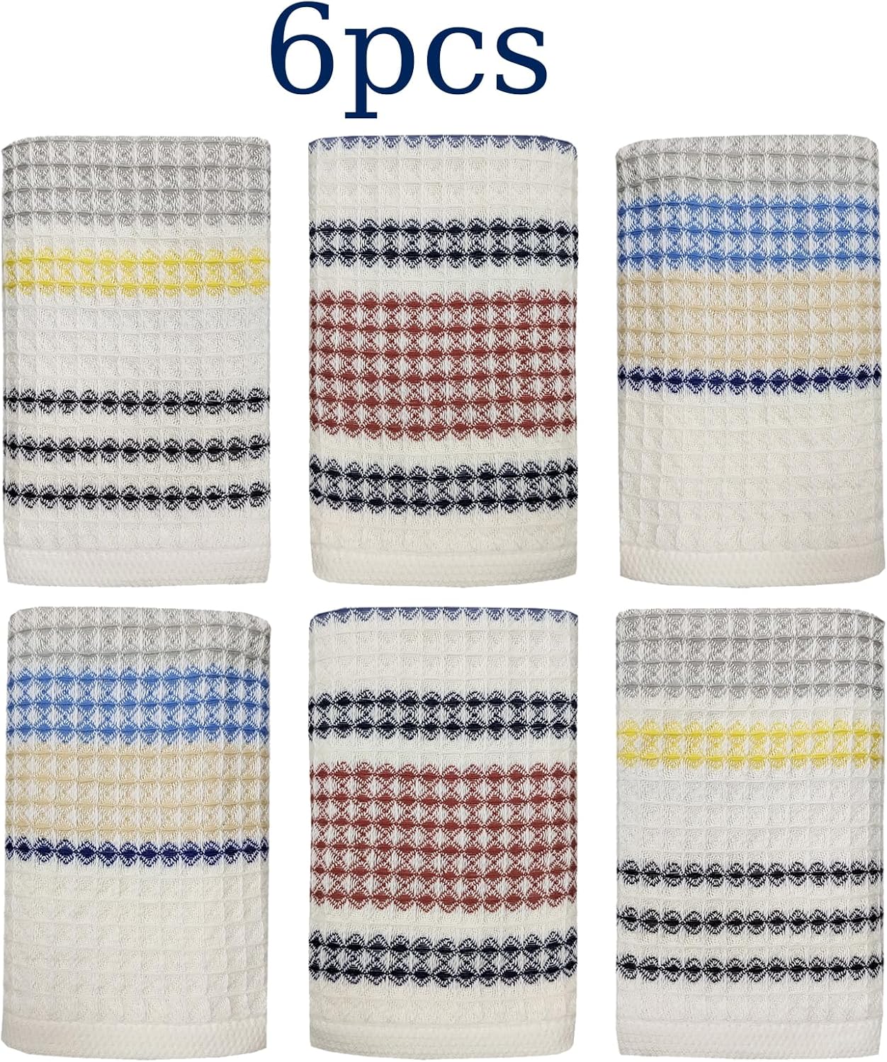 ABREEZE Three-Color Waverg Towels 6 Pack Medium Bath Towel 13 by 28 Inches, 100% Cotton Lightweight and Highly Absorbent Quick Drying Towels for Home Spa Hotel, Yellow Red and Blue