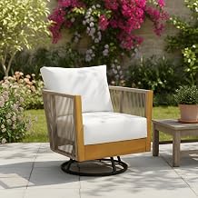 Garden Swivel Chair, Natural Acacia Wood with Handwoven Rope Design, Beige