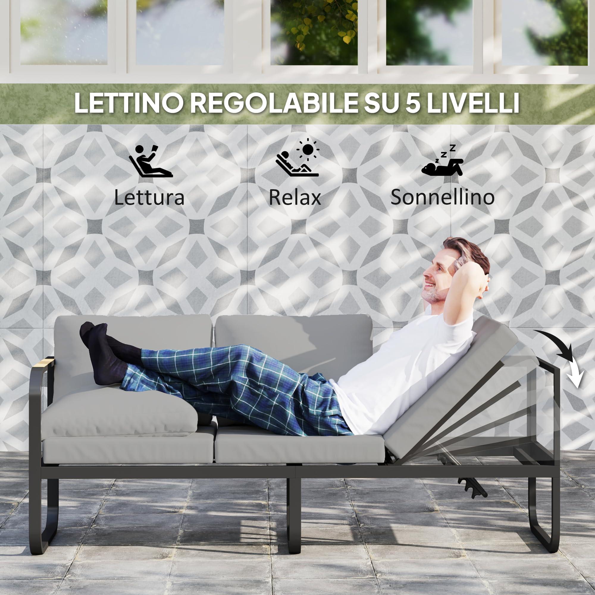 Outsunny Set Salotto da Giardino da 3 Pezzi, con Divanetto da Esterno a 3 Posti Regolabile in 5 Posizioni, Divano 2 Posti, Tavolo da Caffè in Vetro e Cuscini, Set di Mobili in Metallo, Grigio/Nero