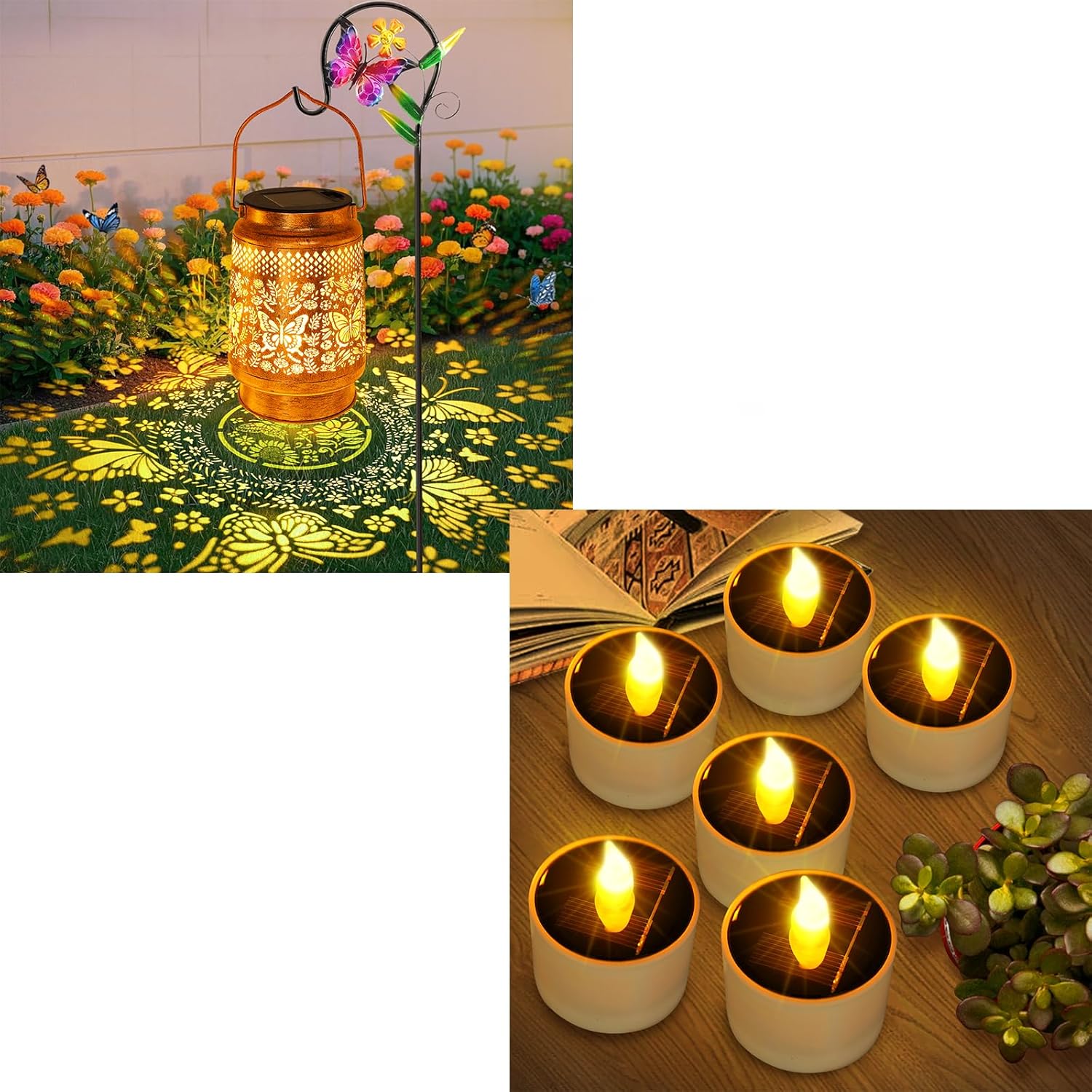 1 Pack Solar Lanterns Outdoor Butterfly Garden Decor + 6 Pack Solar Tea Lights Outdoor Waterproof