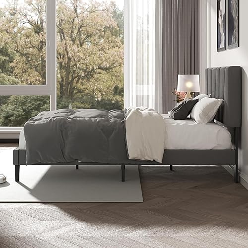 Miniatura 22 de Base de cama tamaño King con cabecera tapizada de tela, cama plataforma con soporte de listones de madera, base de colchón completa, somier