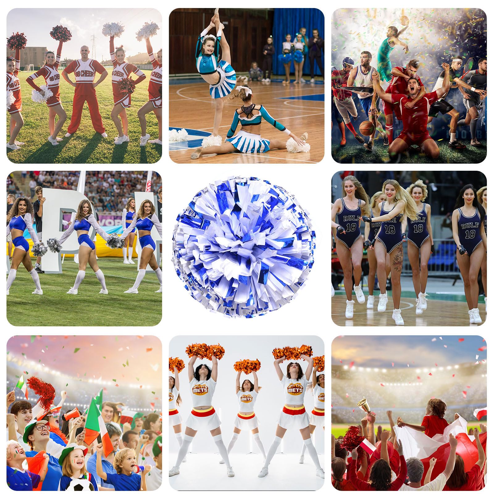 8 pompon da cheerleading,partite, sport di squadra (blue + white)