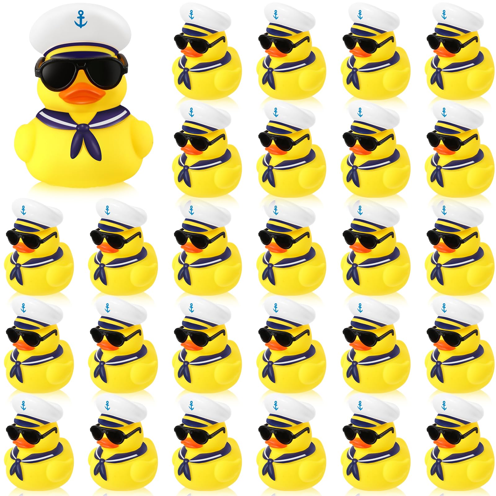 Shappy 24 Pcs Cruise Duck Bulk with Sunglasses Sets 2 x 1.9 x 2.4 Inch Mini Sailing Rubber Ducks Summer Ship Toy Squeaky Bath Party Duckies for Birthday Favors (Yellow)