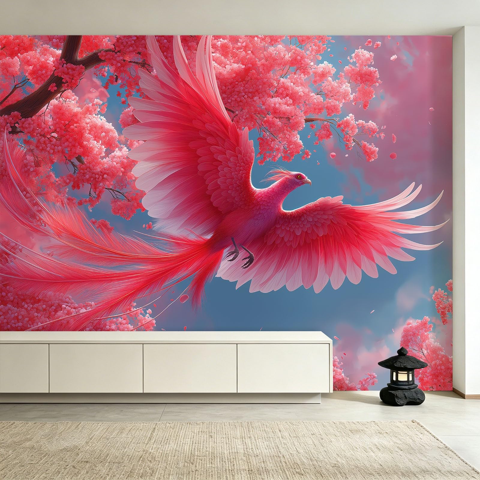 Estetyczna tapeta z kreskówki fototapeta feniks kwiat wiśni niebo niestandardowy nadruk fototapeta, 200 x 140 cm (szer. x wys.) włókniny murale tło ściana wnętrze do salonu, kuchni, sypialni i