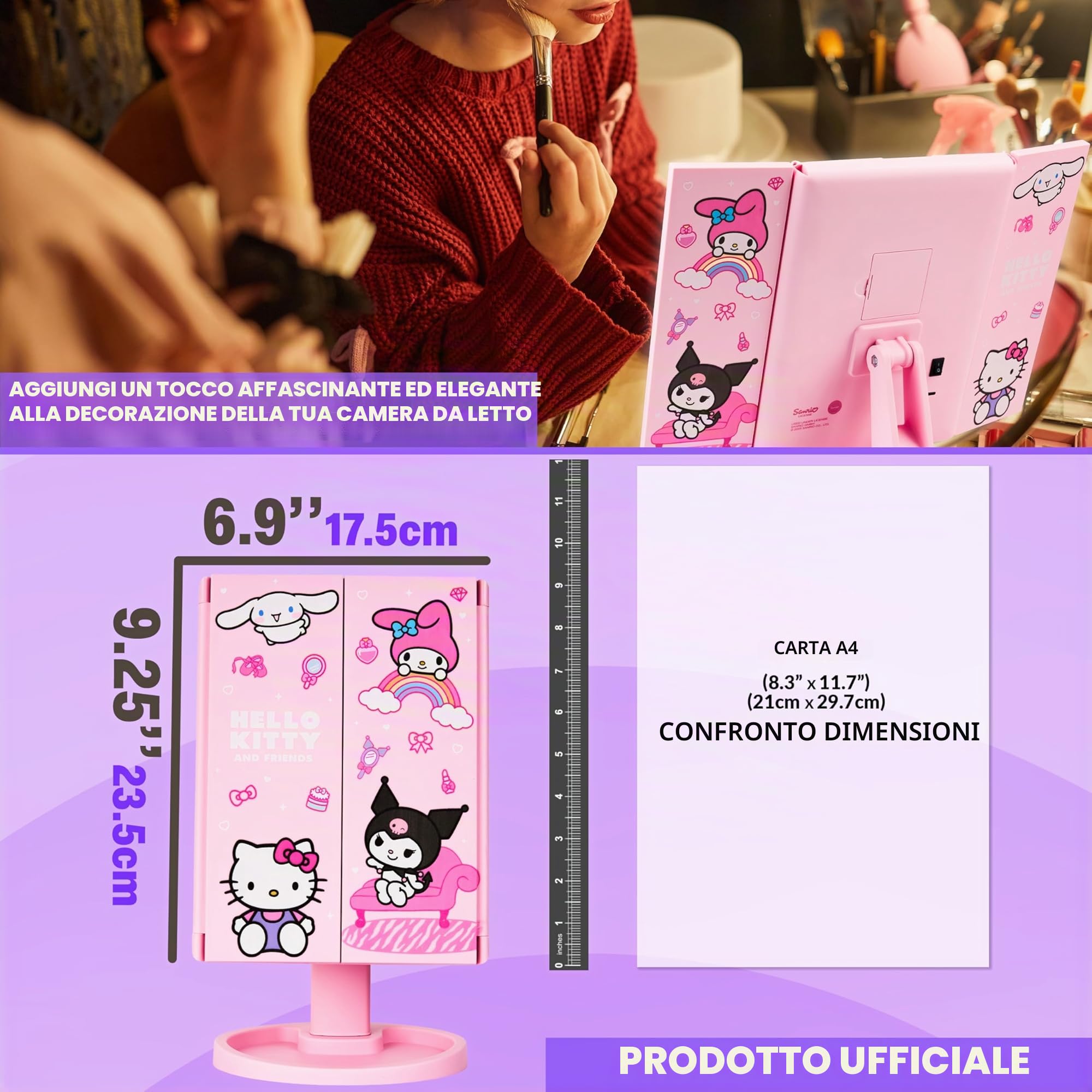Get Trend Hello Kitty Sanrio Specchio Vanity con 16 LED Luci Tri-Fold Illuminare Specchi da Trucco con 3 Modalità Ingrandimento e Sensore Touch