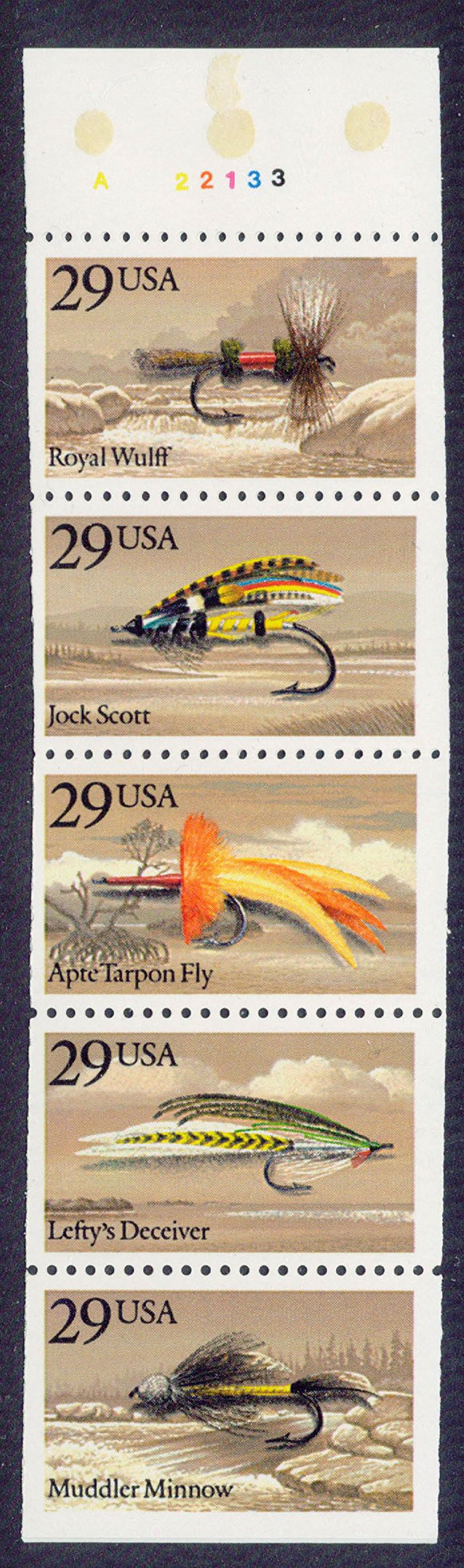 Fishing Lures Scott 2549a Booklet pane of five different. U.S. Postage Stamp Mint, Never hinged