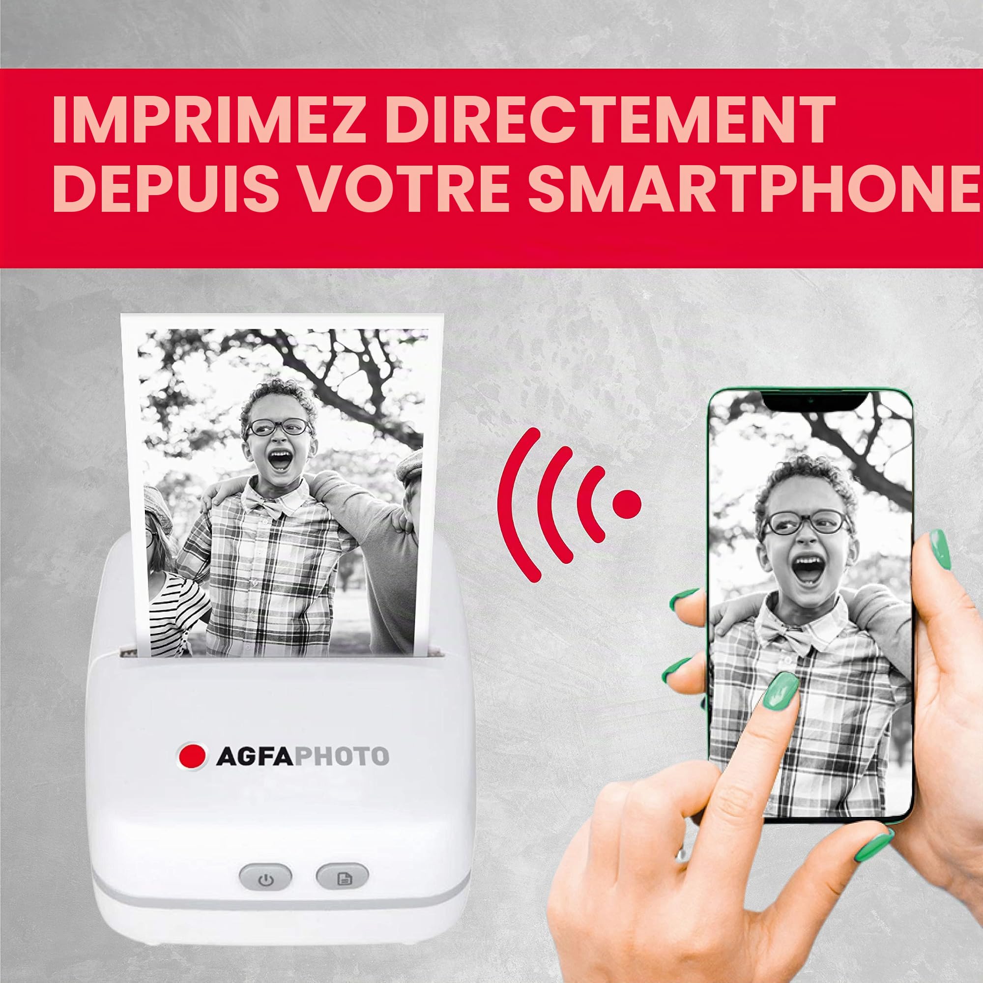 AgfaPhoto Realipix Pocket P – Imprimante Photo Thermique Portable (Impression Noir et Blanc sans Encre, Bluetooth, Batterie Lithium) Blanc