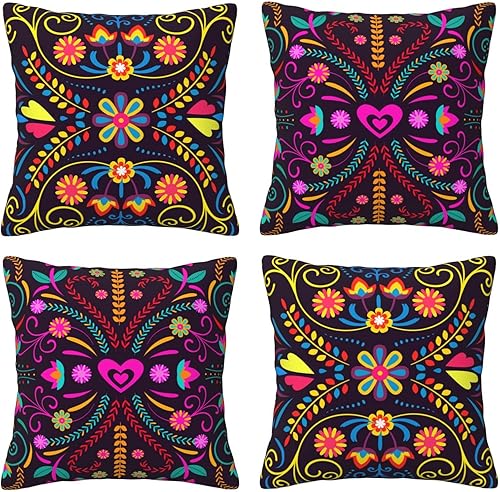 4 fundas de almohada del Día de los Muertos, fundas de almohada de fiesta mexicana, coloridas libélula y dalia, funda de cojín cuadrada Dia de los