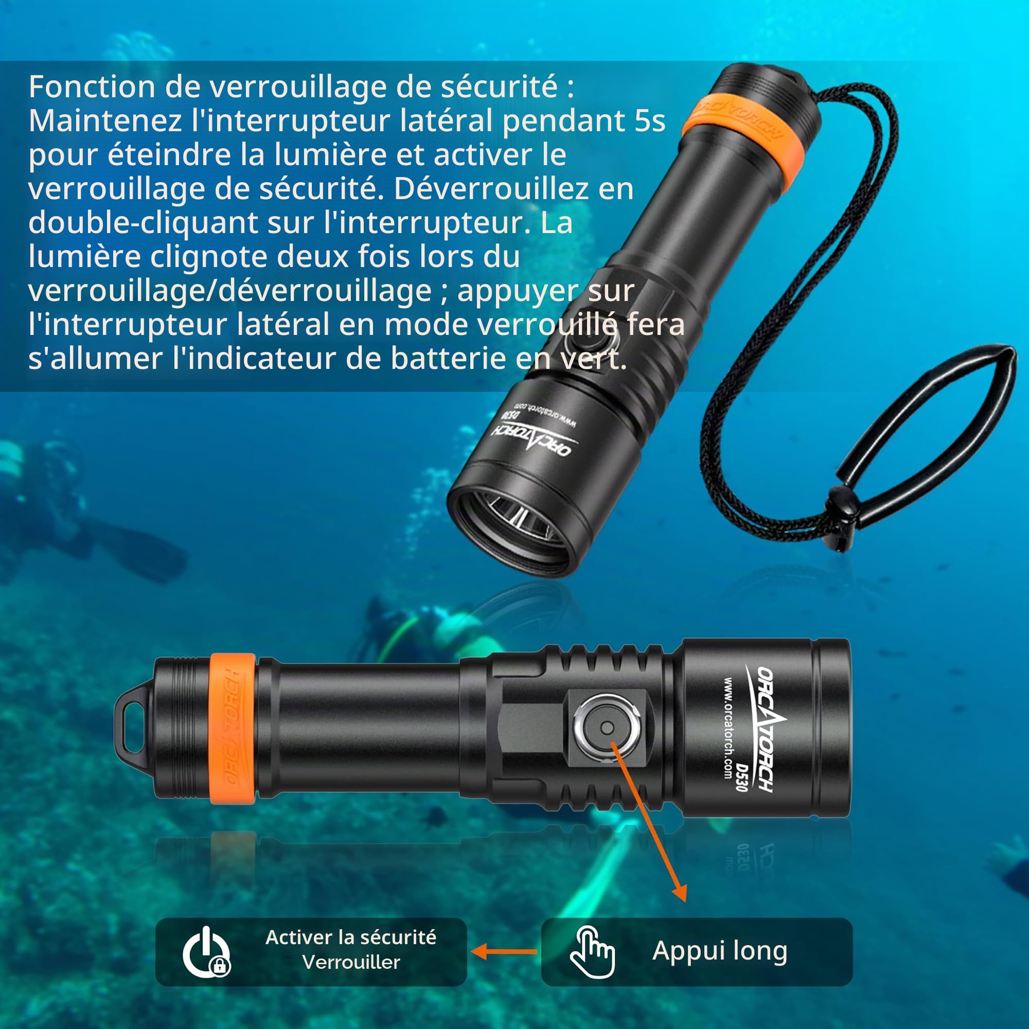 ORCATORCH D530 Lampes de Plongée, 1500 Lumens Lampe Plongée Sous Marine 7 Degrés Angle de Faisceau étroit Interrupteur Bouton Latéral en Alliage de Titane 2 Modes pour Plongée Sous-marine 150 Mètres