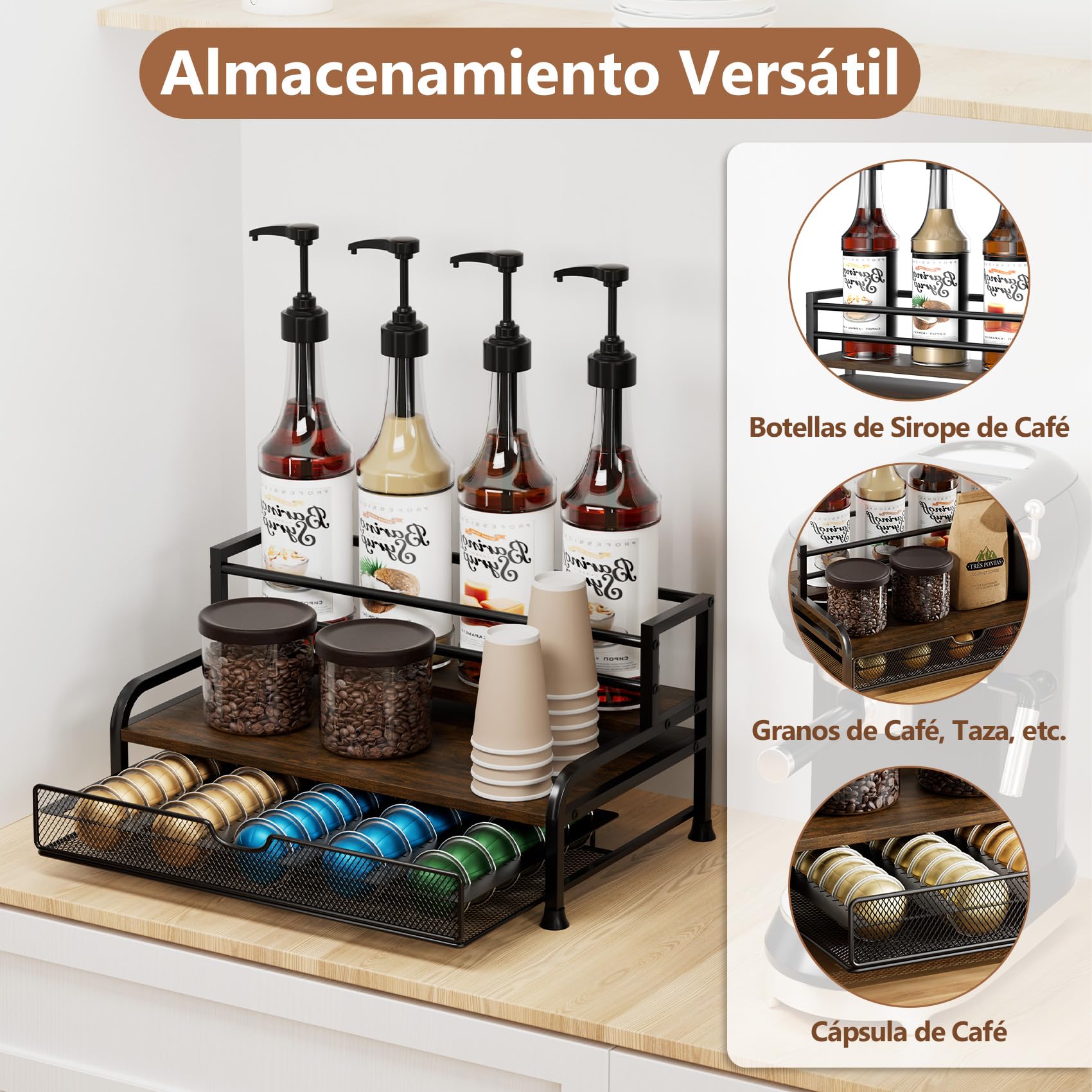 Organizador de jarabe de café, estante de jarabe de 3 niveles para 8 botellas con cajón para cápsulas Nespresso, capacidad para hasta 30 cápsulas grandes o 40 pequeñas, organizador de barra de café de