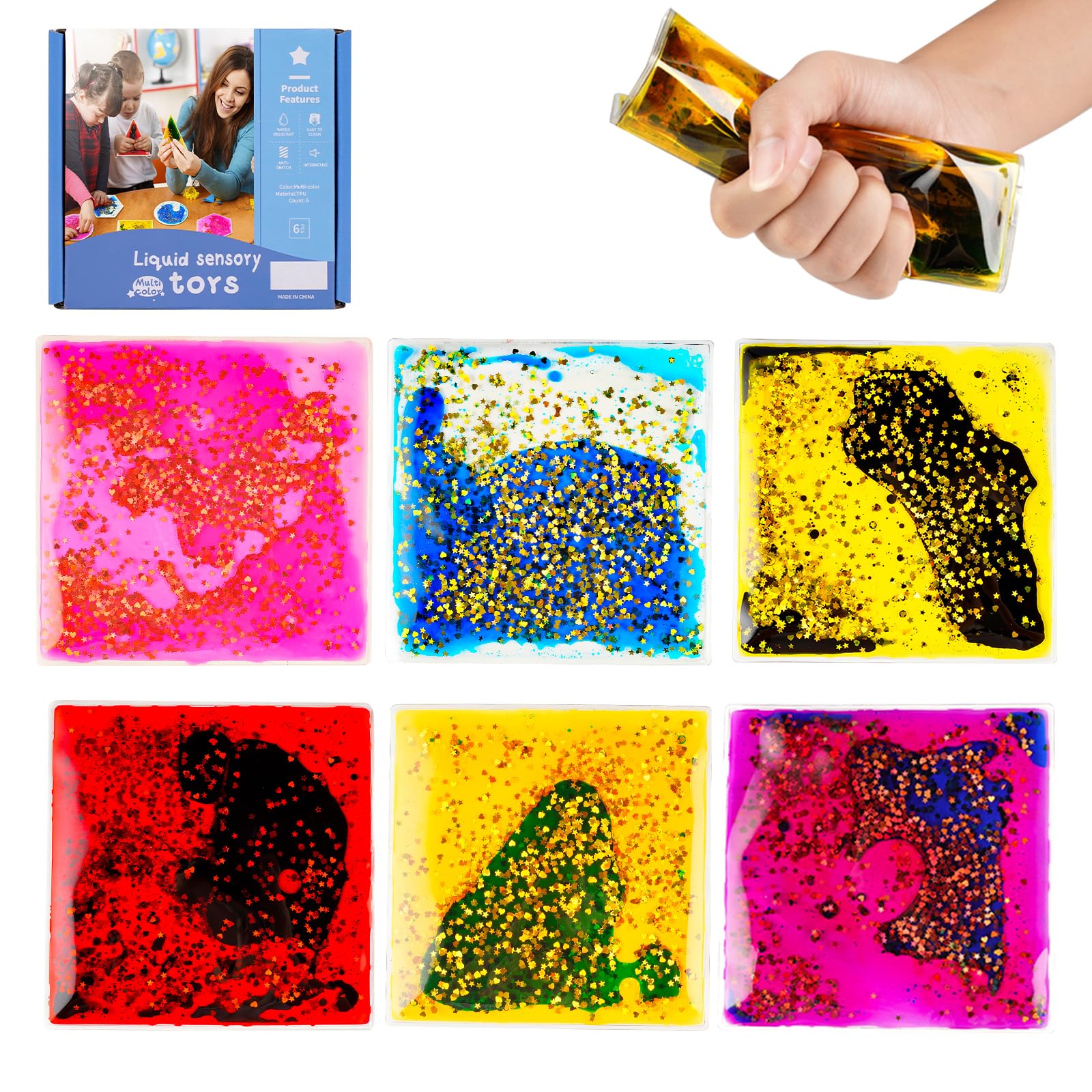 Sensory Soft Gel Liquid Toys: Water Sensory Fidget Toys Square Sensory Toys for Autistic Children 6-Pack
