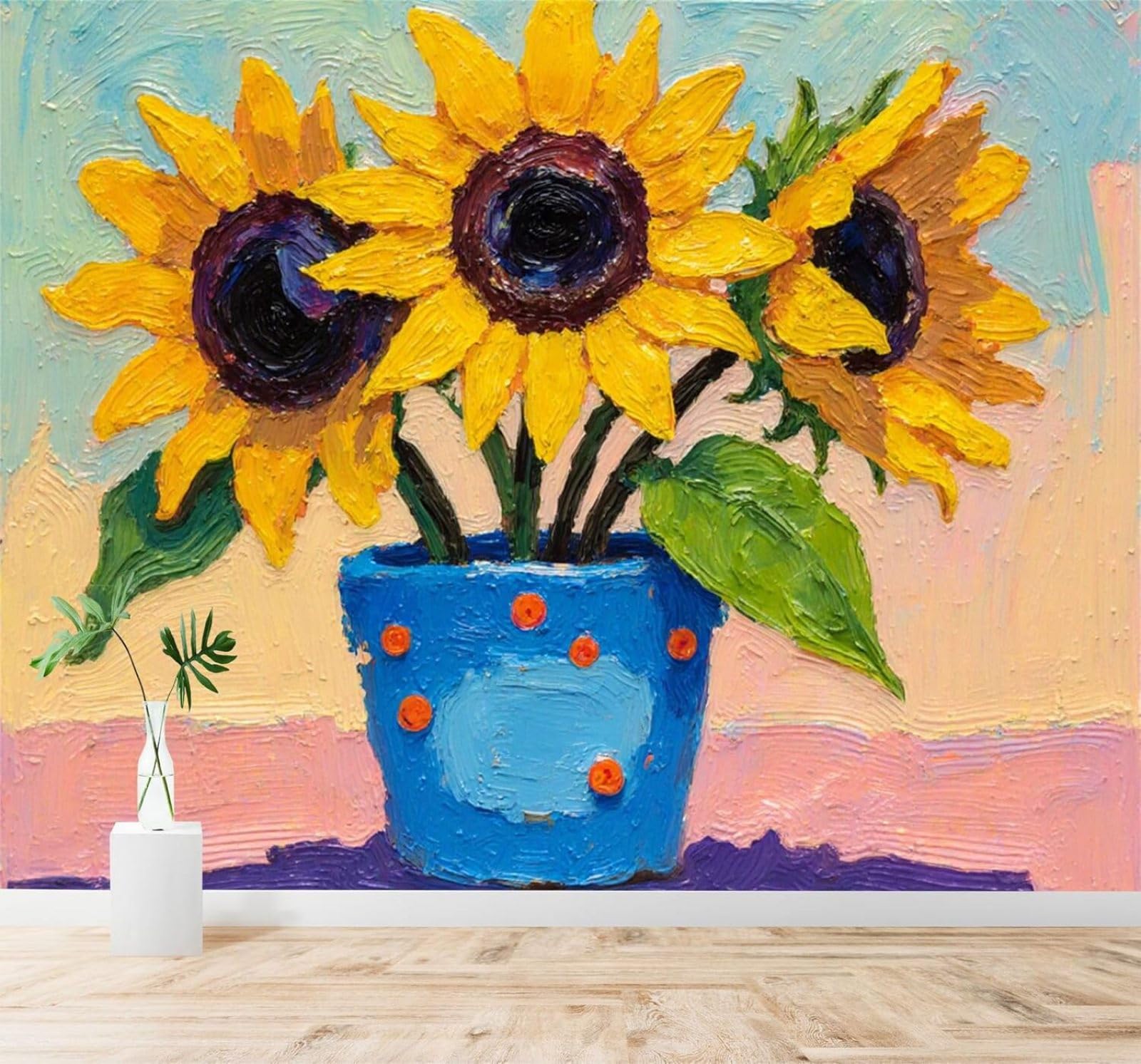XLMING Creative Blue Vase Sunflowers Colourful Flowers Art 3D Wallpaper Silky Texture Home Study Office Grey Dining Room Sofa Bedroom Living Room TV Backdrop-430cm×300cm