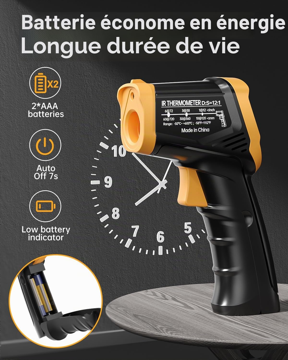 Eventek Thermometre Laser, -50 ° C ~ 600 ° C (-58 ° F ~ 1112 ° F) Thermomètre Infrarouge Sans Contact avec Emissivité Réglable, thermometre four a pizza pour Cuisine/BBQ/Industrie Thermomètre à Viande