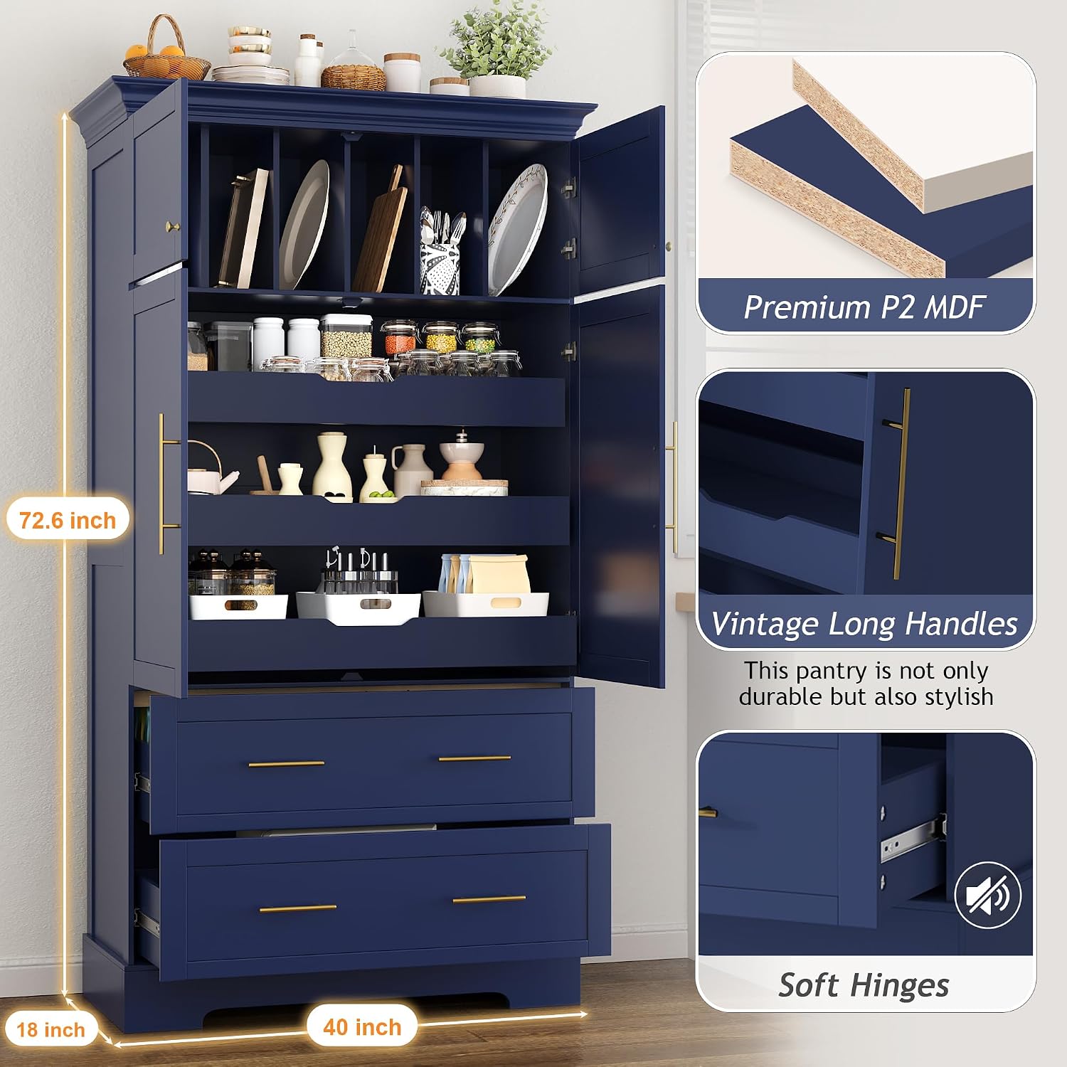 Harper & Bright Designs 72" Tall Farmhouse Kitchen Pantry with 2 Cabinets & 2 Drawers, Modern Storage Cabinet with 3 Pull-Out Trays & 4 Doors, Freestanding Cupboard for Kitchen, Dining Room,Blue