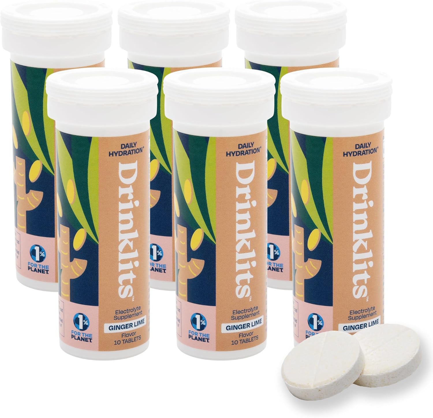 Drinklits Ginger Lime Electrolyte Fizzy Hydration Tablets (6) Tube Bundle | 0g Sugar - Natural Sports Drink - Organic Ginger | 60 Servings - 10 Tablets Per Tube