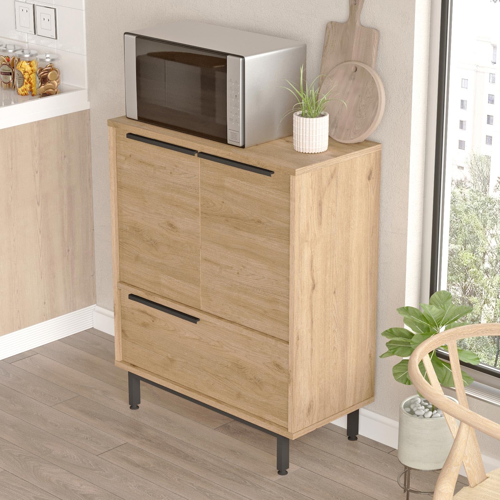 Buyqualia – Aparador de Madera Acabado Roble con Patas Metálicas – Estilo Moderno Industrial – Mueble de Almacenaje para Salón, Comedor o Recibidor
