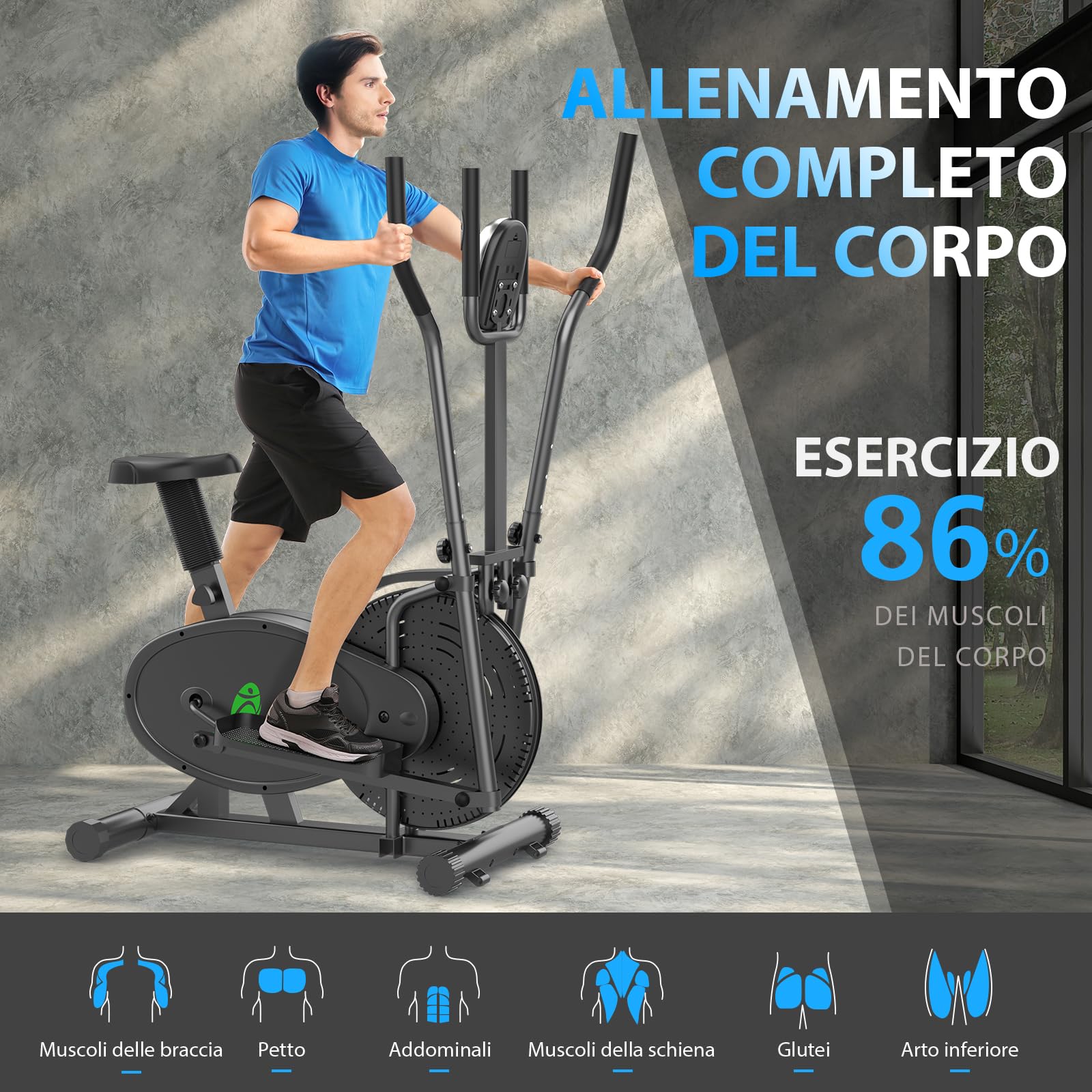 Ellittiche Per La Casa, 2 in 1 Cross Trainer Ellittico Ergonomico Con Sedile e Resistenza Regolabili, Display LCD, Pedale Antiscivolo, Capacità Di Carico 265 LBS Salvaspazio