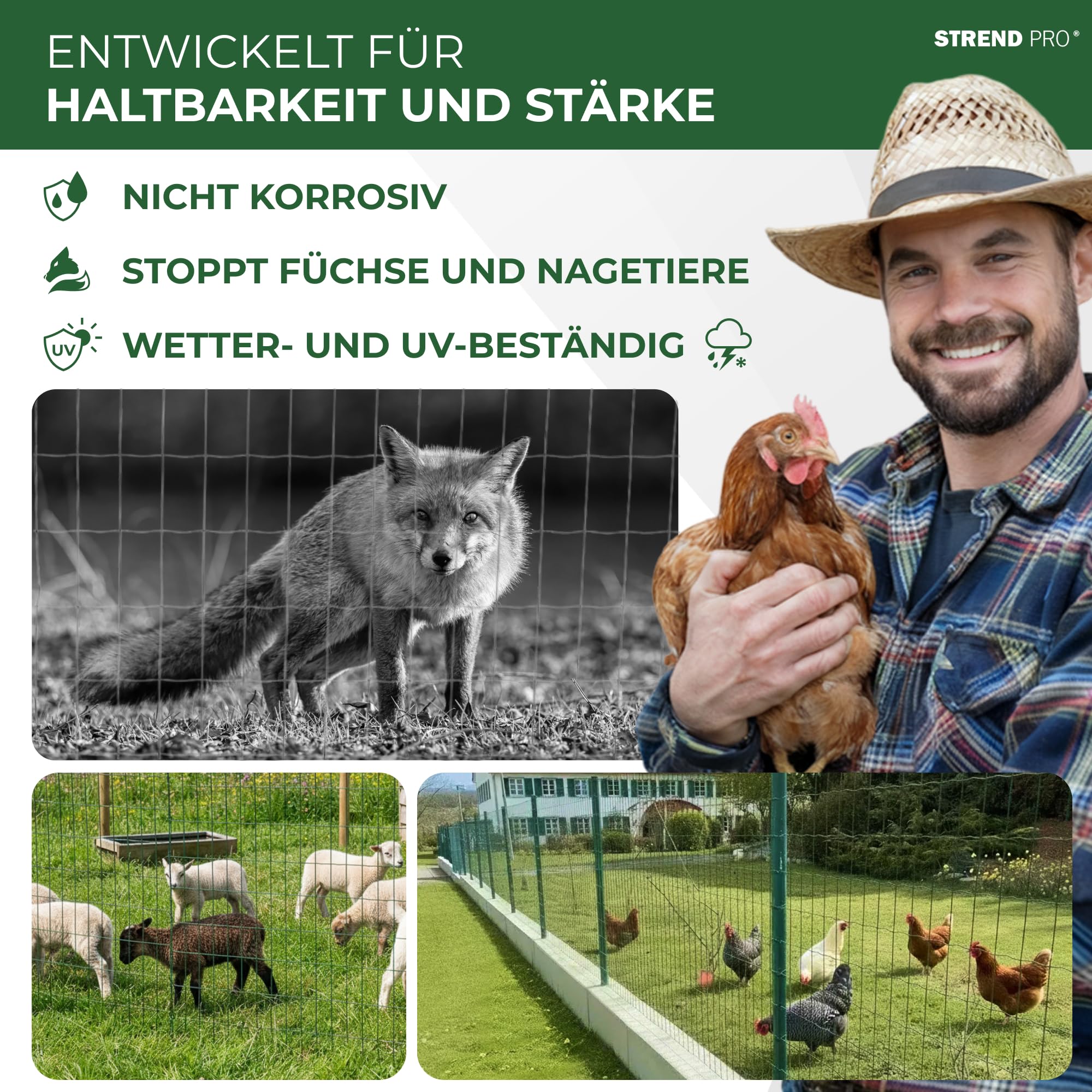 STREND PRO Zaun Gartenzaun 100cm Höhe | Länge 10 m | Grün Wildzaun | Maschenweite 100 x 50 mm | Verzinkt & PVC-beschichtet | Schweißgitter Zaunrolle | Maschendrahtzaun | Drahtzaun
