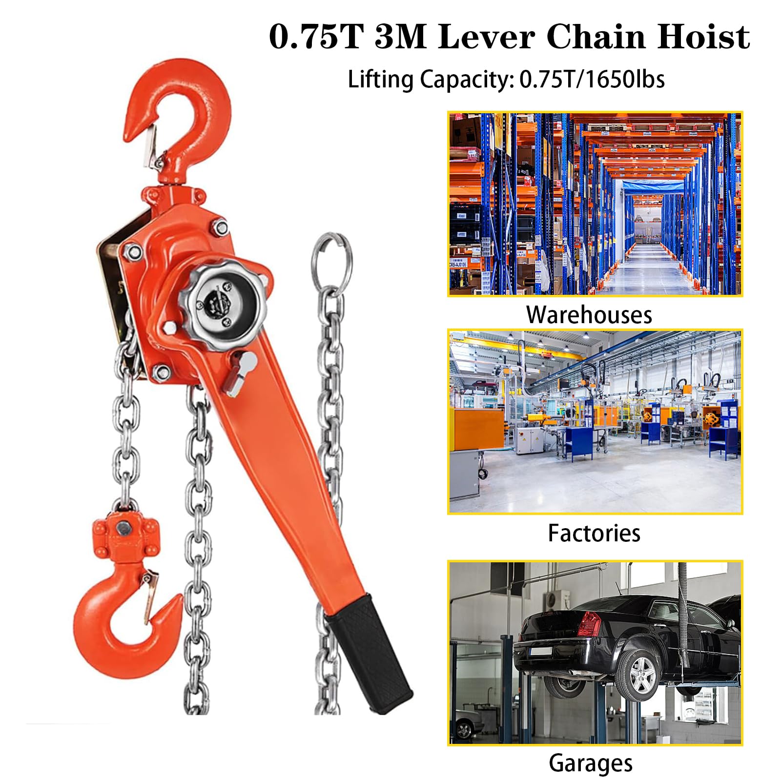Lever Chain Hoist 1650LBS 10FT, 0.75T 3M Lever Chain Hoist, with 360° Rotation Hooks, Come Along Puller 5/16