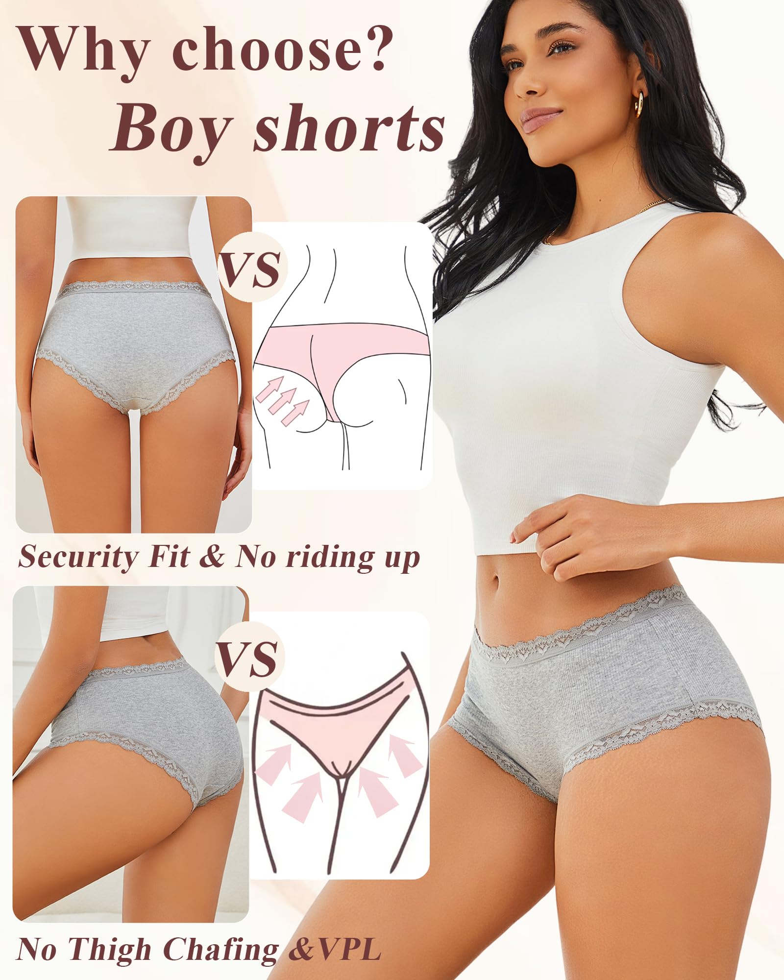 FINETOO Cotton Underwear for Women Sexy Boy Shorts Breathable Cheeky Lace Trim Panties Womens Underwear 6 Pack: Black+white+skin Tone+pink+gray+brick Yellow Small