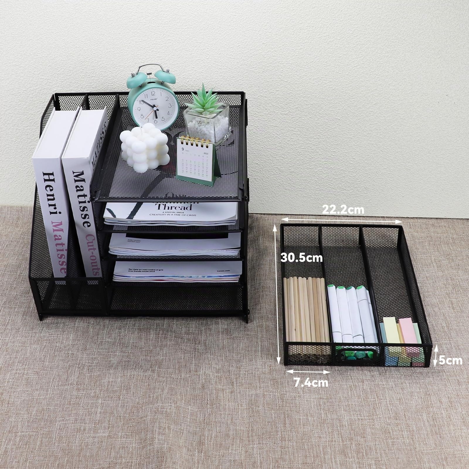 Schreibtisch Organizer mit Aktenhalter, 5 Ebenen Papier Organizer Briefablage mit Schublade und 2 Stiftehalter, Mesh Schreibtisch Akten Organizer mit Zeitschriftenhalter für Büro