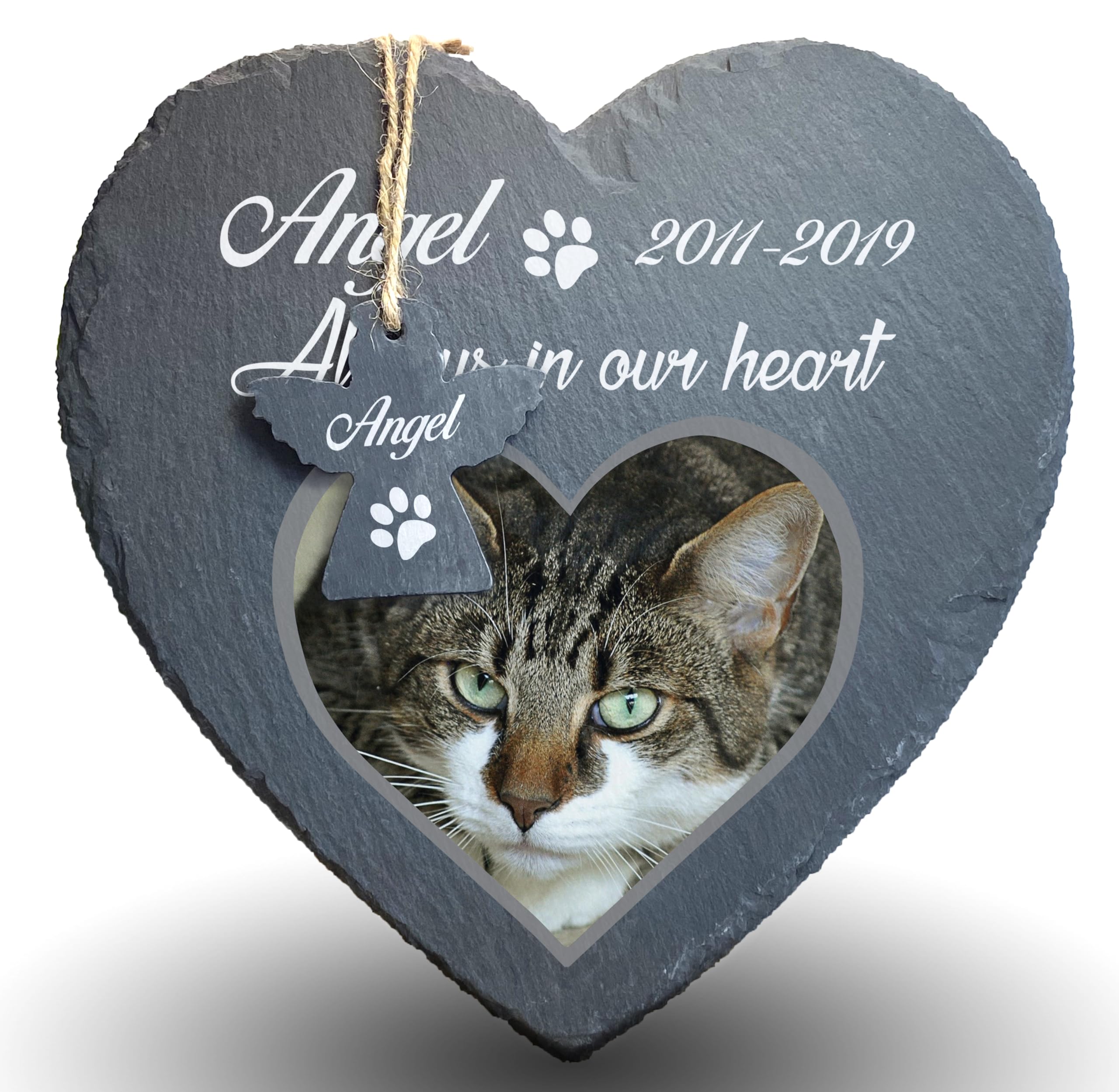 TULLUN Personalised Memorial Large Heart Shape Plaque and Angel For Pet Cat Dog Slate Natural Stone Frame Paw Grave Marker - Heart and Angel - Size |9.8″ x 9.8″ or 25 x 25 cm| — image 1