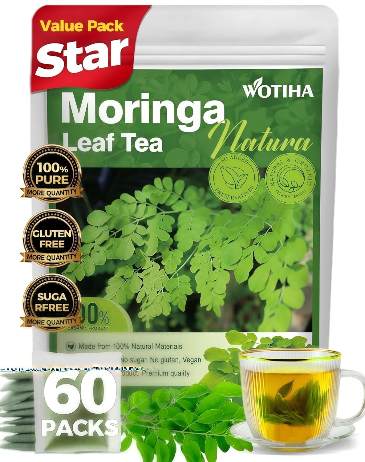 Té de Moringa en Saquitos, 60 Unidades - Puro y Sin Cafeína
