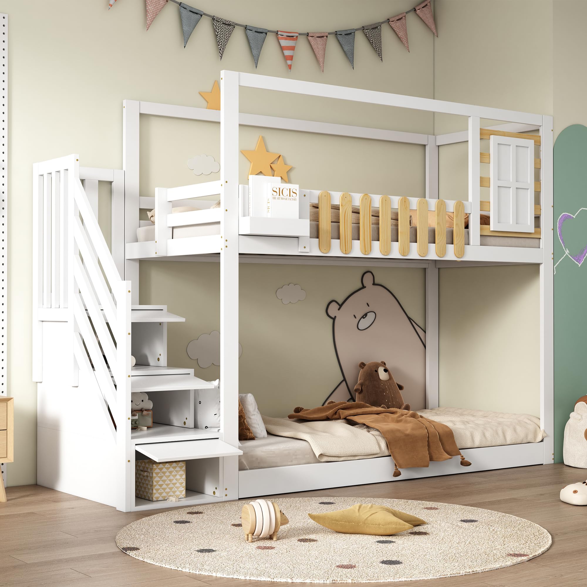 Aoskem Kinderbett Etagenbett 90x200 cm für 2 Kinder, Hochbett Hausbett mit Treppe Stauraum, Holzbett mit Fenster & Gitter, Bettgestell Kinderbett mit Rausfallschutz & Lattenrost, Ohne Matratze, Weiß