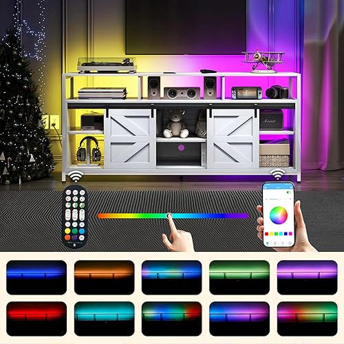 Miniatura 3 de TC-HOMENY Soporte de TV para TV de 70 pulgadas armario de TV con regleta de alimentación y tira de luz LED consola central de entretenimiento puerta