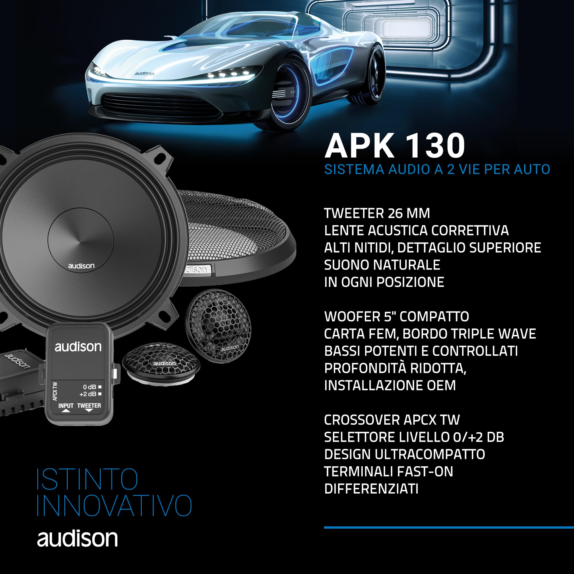 Audison APK 130 – Sistema audio a due vie da 130 mm con woofer in fibra di cellulosa e tweeter a cupola da 26 mm, installazione OEM-friendly, 75 W RMS @ 4 Ω