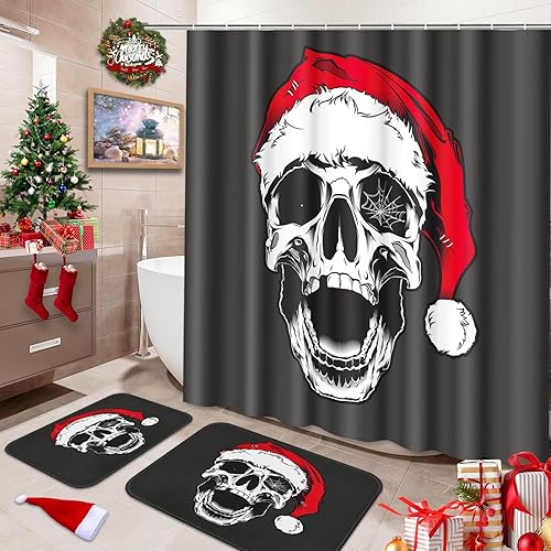 Miniatura 8 de Juego de baño de Navidad con cortina de ducha y alfombras y accesorios, juego de cortinas de ducha de copos de nieve rojos, cortinas de ducha con