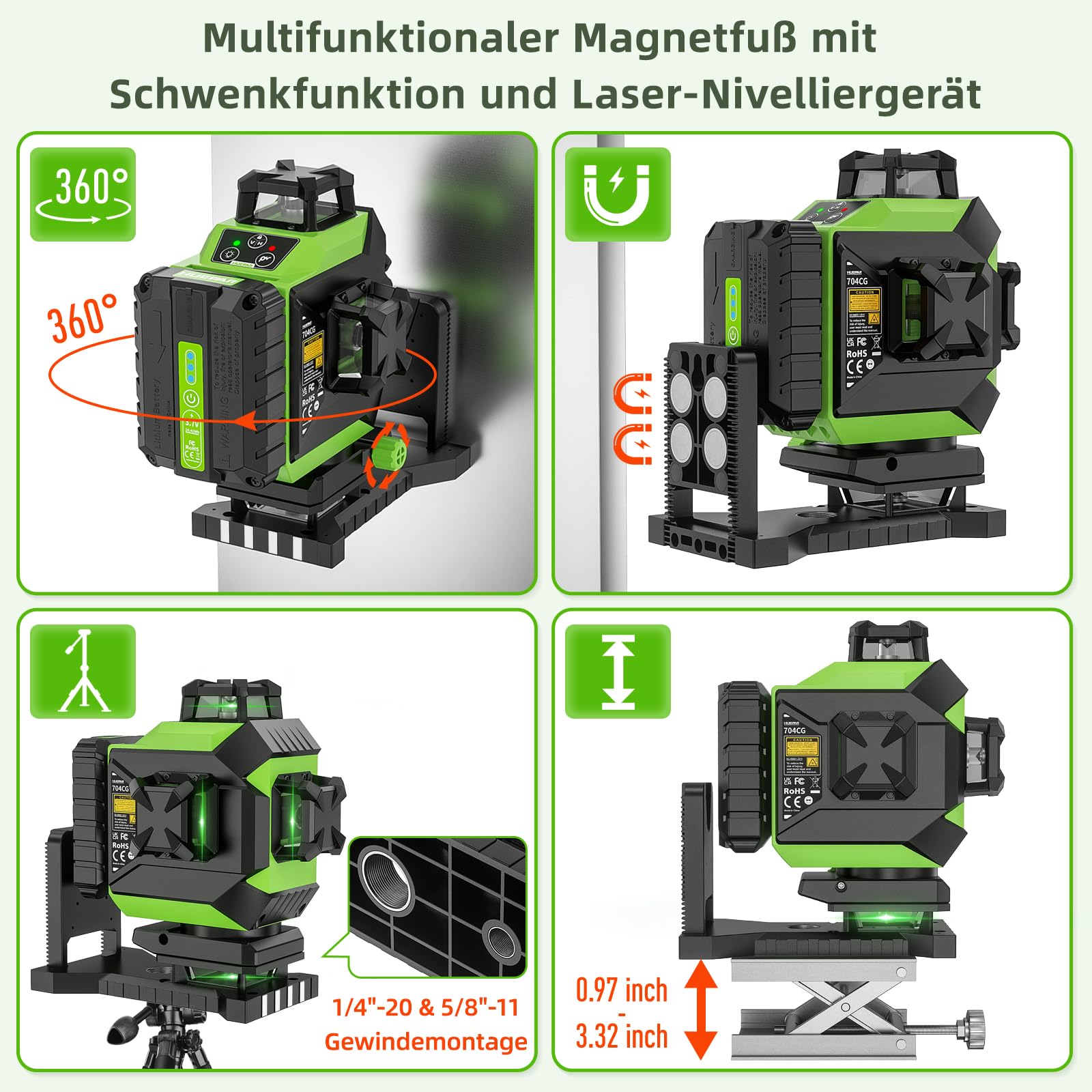 Huepar 3 X 360 Kreuzlinienlaser Lasernivellier 3D Grüner Strahl Drei Ebenen Nivellierung Und Ausrichtung Selbstnivellierendes Laserwerkzeug 2 Li Ionen Batterien Mit Typ C Ladeanschluss Ls03cg 80685573